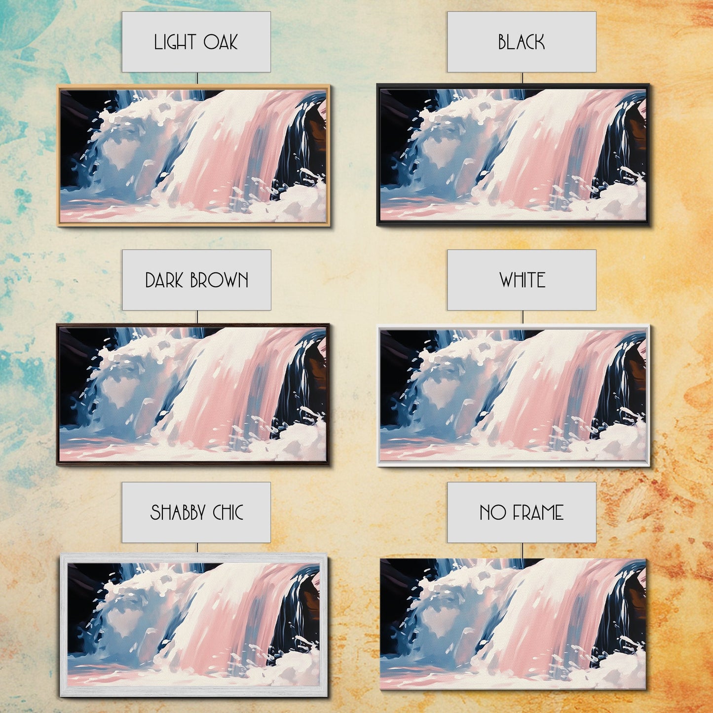 Wasserfallmotiv, Naturwandbild, Ruhige Landschaftskunst, Moderner minimalistischer Druck, Blau- und Rosatöne, Gerahmter Leinwanddruck, Wohnzimmerkunst