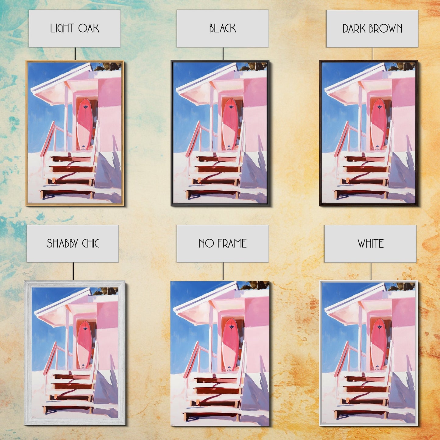 Surf Shack, Tropical Beach House Art, Framed Canvas Print, Pink Coastal Decor, Summer Vibes Wall Art, Relaxing Ocean Painting, Boho Chic