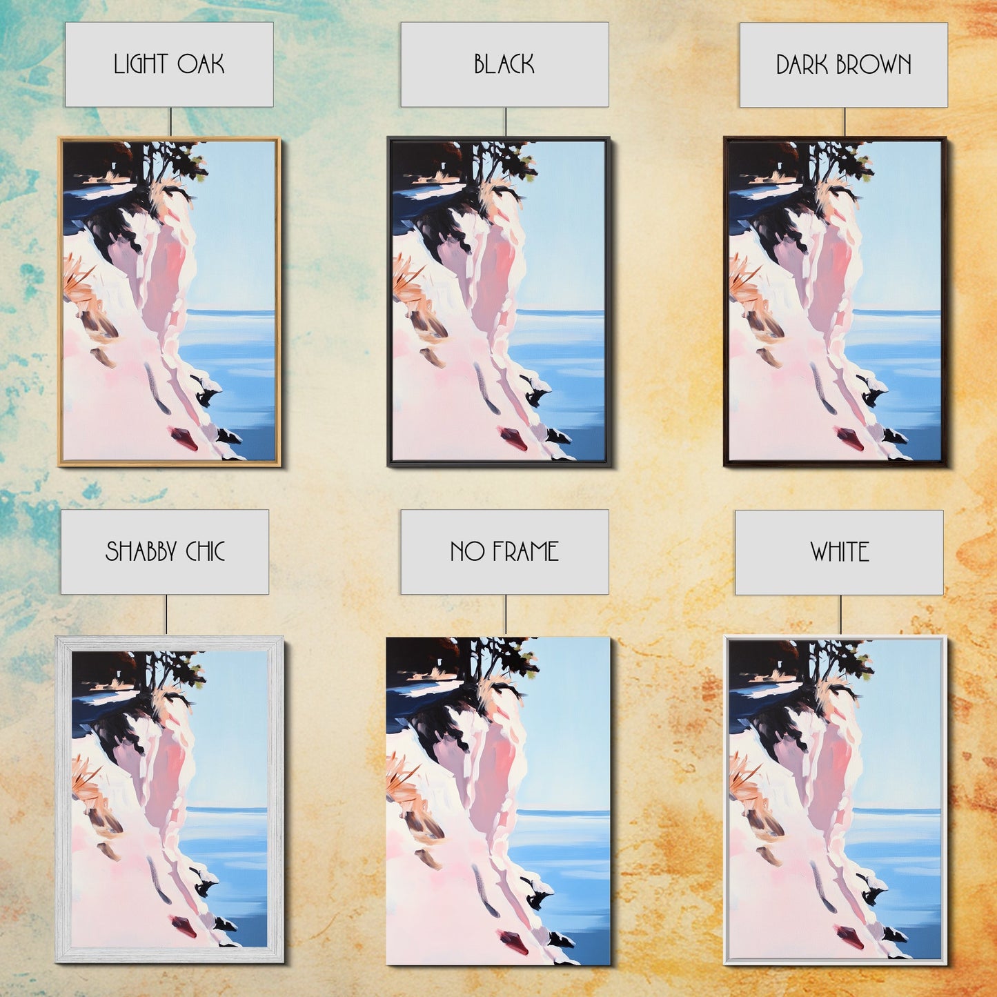 Cliffs and Water, Nature Wall Art, Minimalist Landscape, Coastal Home Decor, Blue and Pink Art, Framed Canvas Print, Office Wall Decor