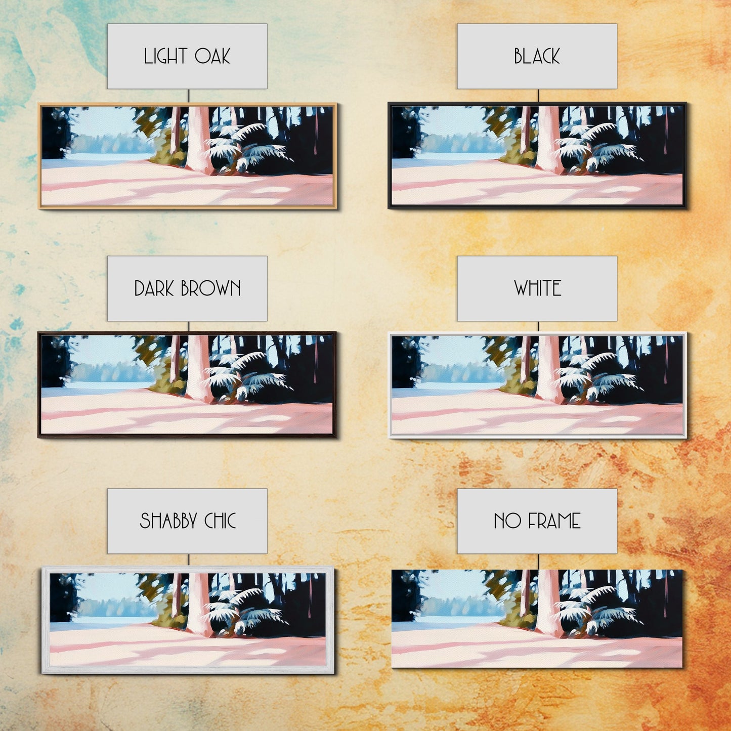 Waldweg, sonnenbeschienene Bäume, idyllische Natur, gerahmter Leinwanddruck, beruhigende Wanddekoration, moderne Landschaftsmalerei, Wohnzimmerkunst, gemütliche Einrichtung