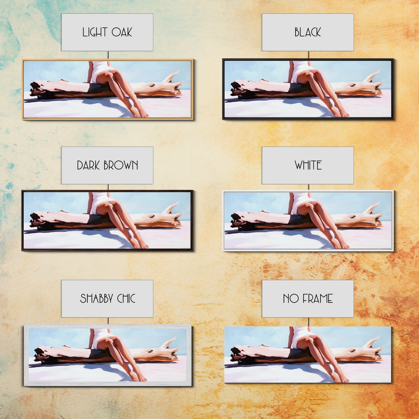 Treibholz-Flucht, Küstenleben-Kunst, Minimalistische Strandszene, Sommerliche Farben, Gerahmter Leinwanddruck, Entspannende Wohndekoration, Vom Meer inspiriert