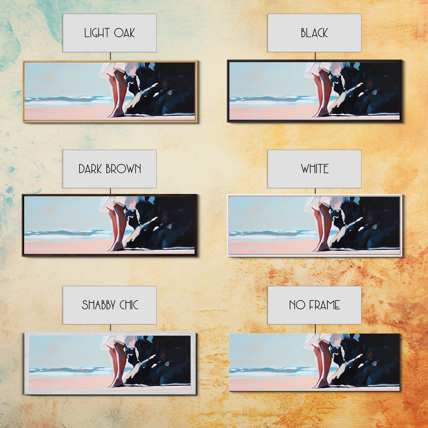 Sonnenuntergang am Strand, friedlicher Rückzugsort, Meeresruhe, Küstenmotiv auf Leinwand, Wandbild fürs Wohnzimmer, sanfte Pastellfarben, minimalistische Wandkunst