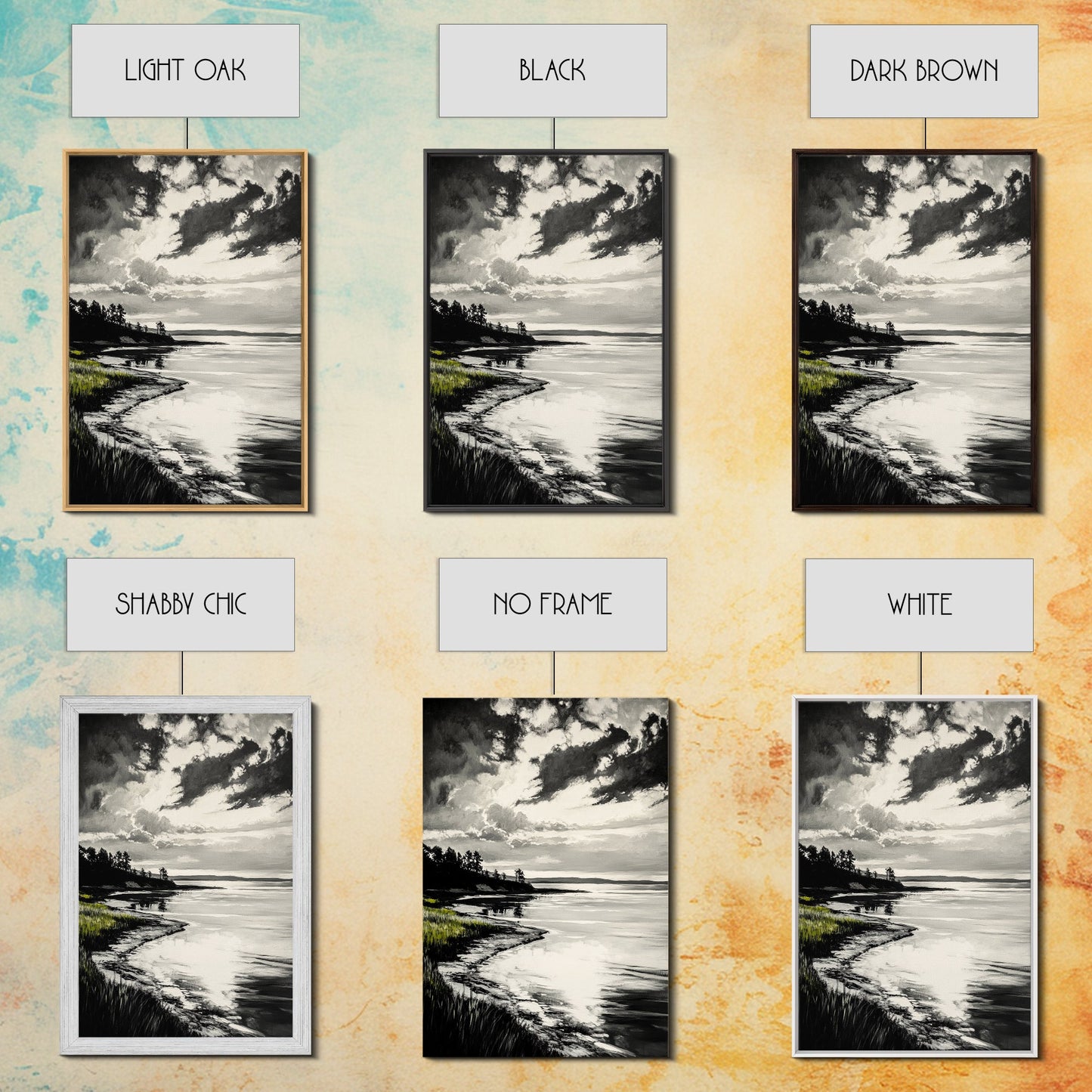 Moody Landscape, Black and White Art, Dramatic Sky, Coastal Scene, Nature Painting, Modern Home Decor, Minimalist Style, Framed Canvas Print