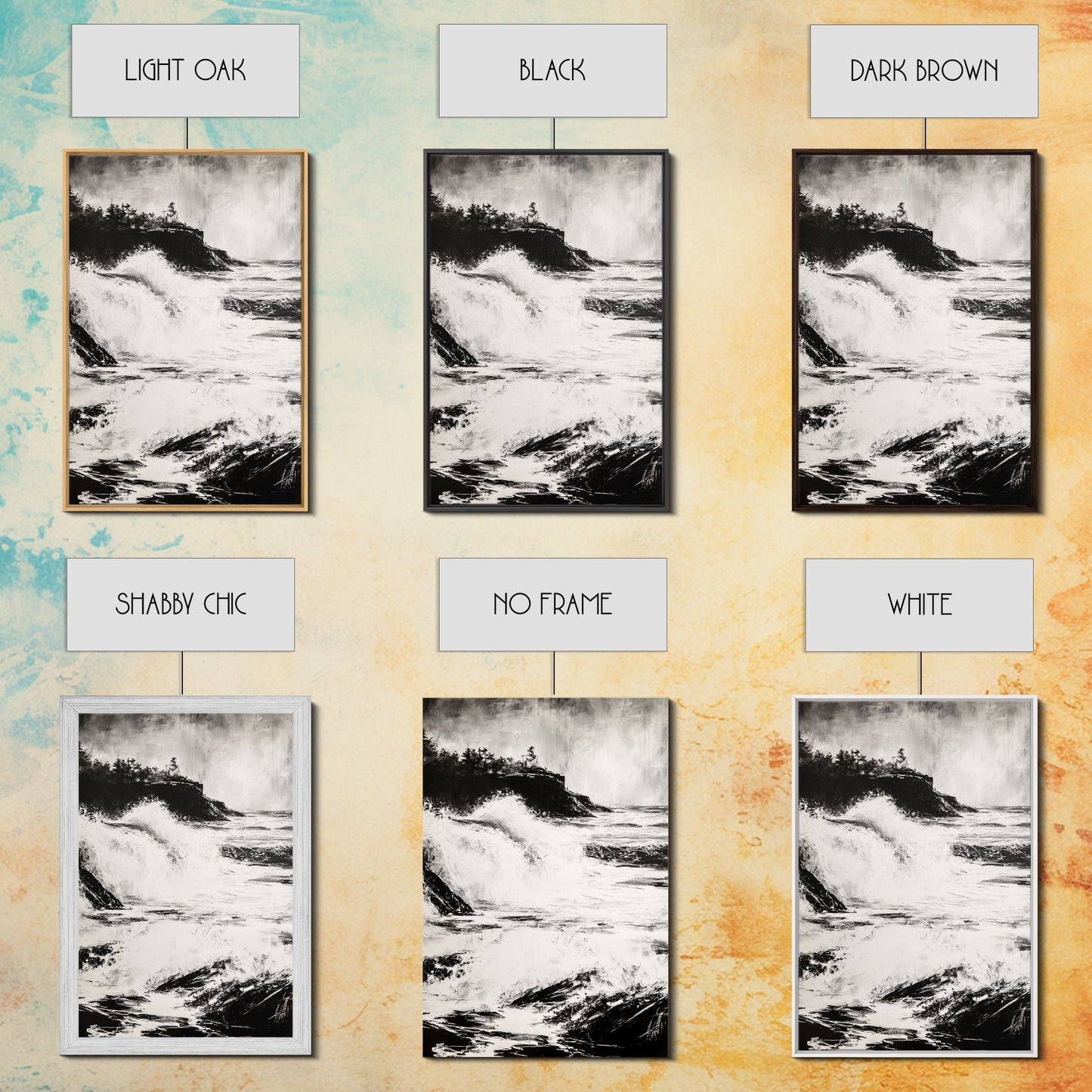 Ocean Waves, Seascape Painting, Framed Canvas Print, Beach House Decor, Nautical Wall Art, Black and White Art, Coastal Living Room