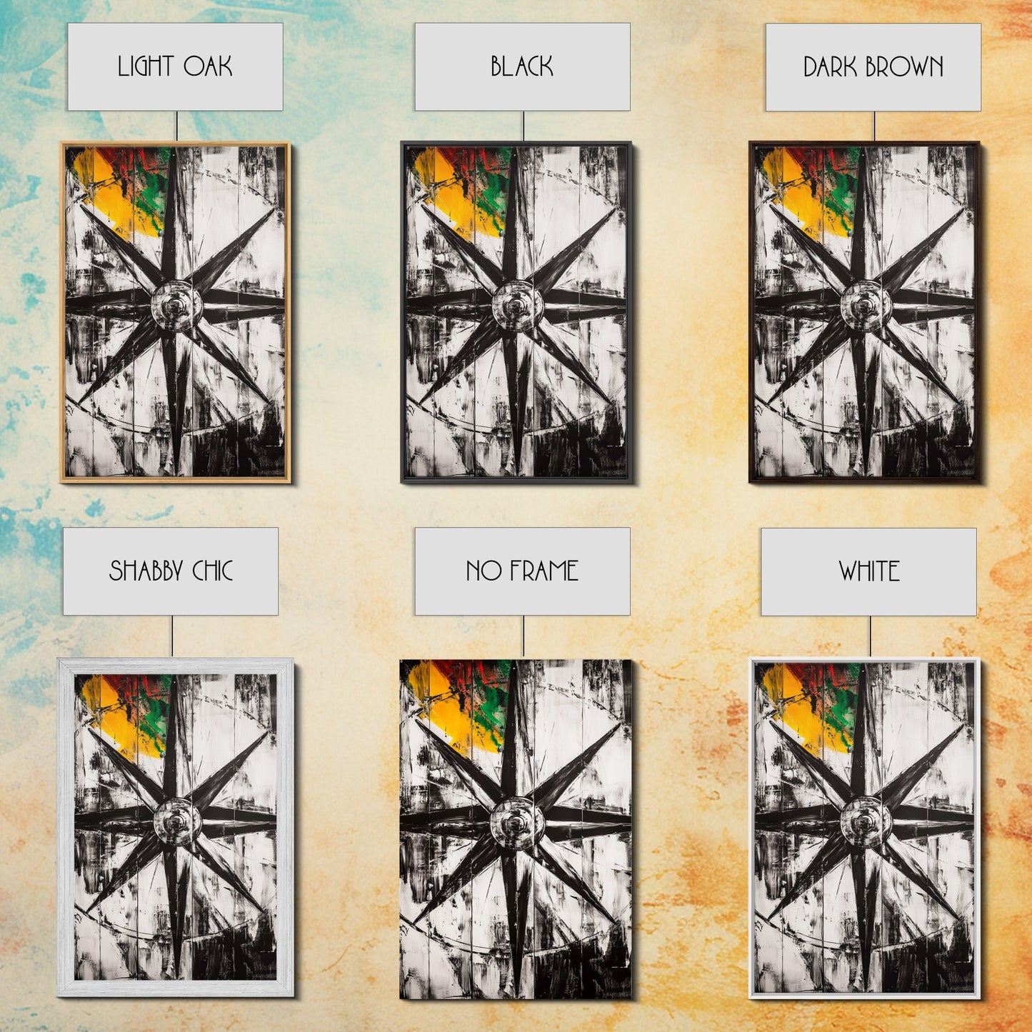 Kompassrose, nautisches Symbol, abstraktes Design, Leinwanddruck, Schwarz-Weiß-Kunst, Küsten-Wanddekoration, moderne minimalistische Kunst