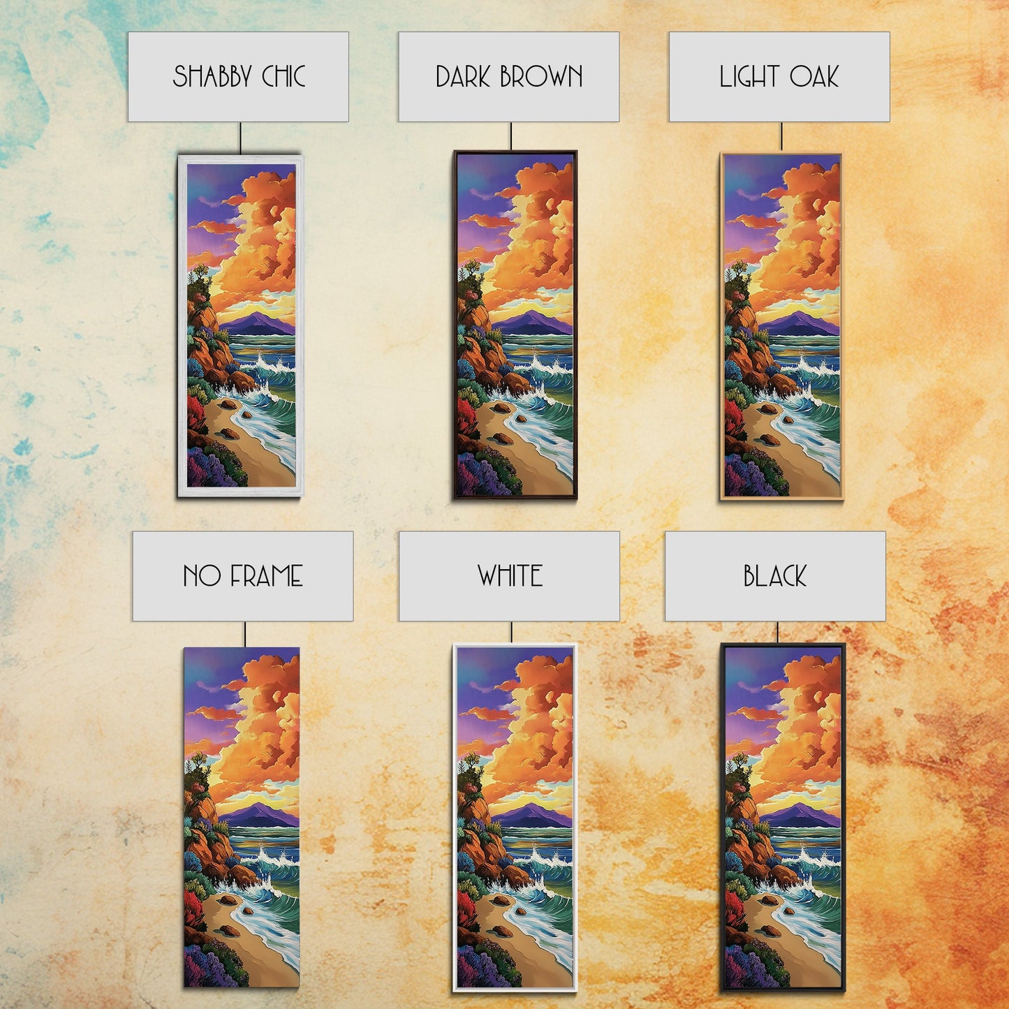 Beach Cliffs, Sunset Painting, Framed Canvas Print coastal cliffside view with crashing waves vibrant beach wall art tropical living room décor