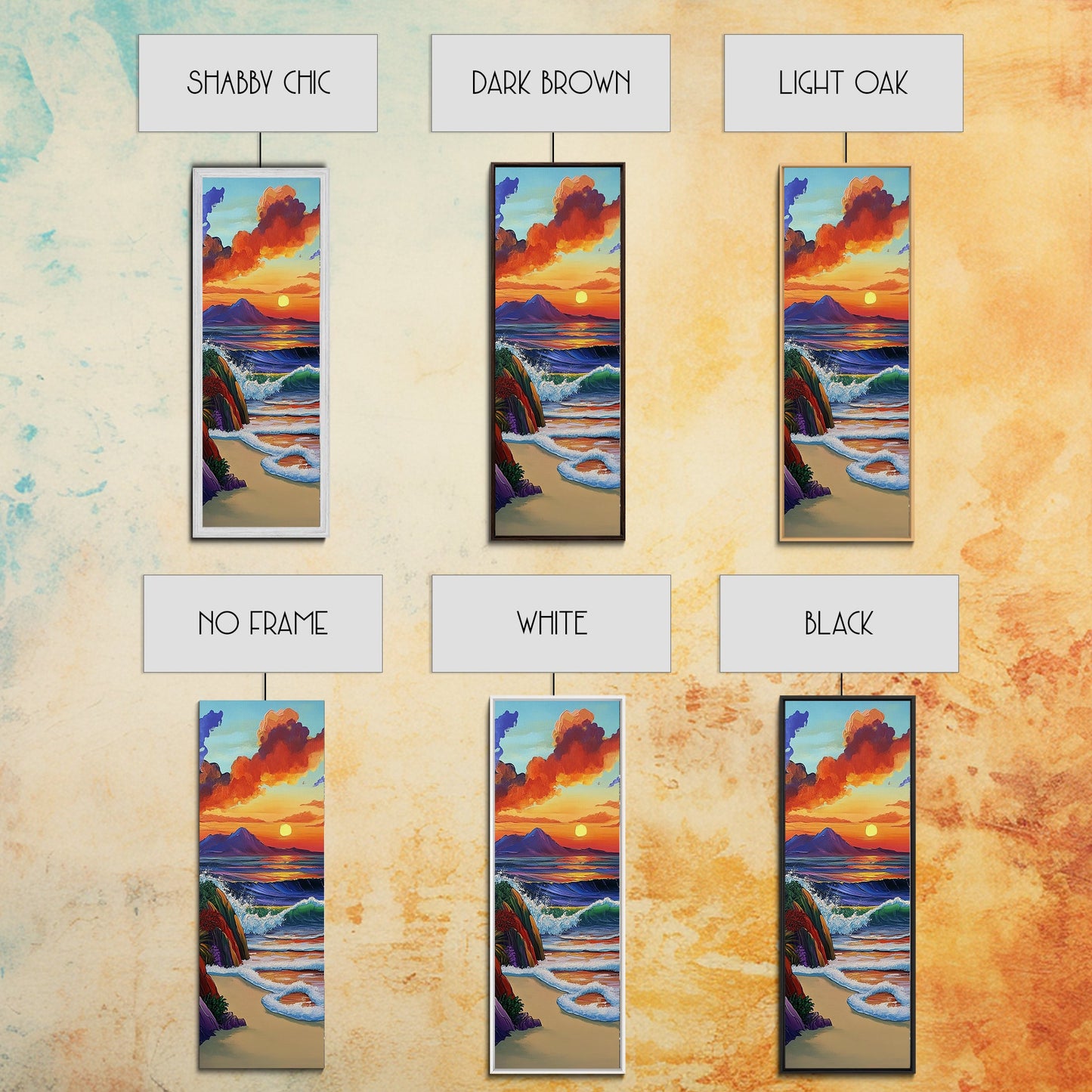 Sunset Waves, Shore, Coastal Framed Canvas Print beach sunset wall art, vibrant ocean wave decor, tropical boho art, iving room art