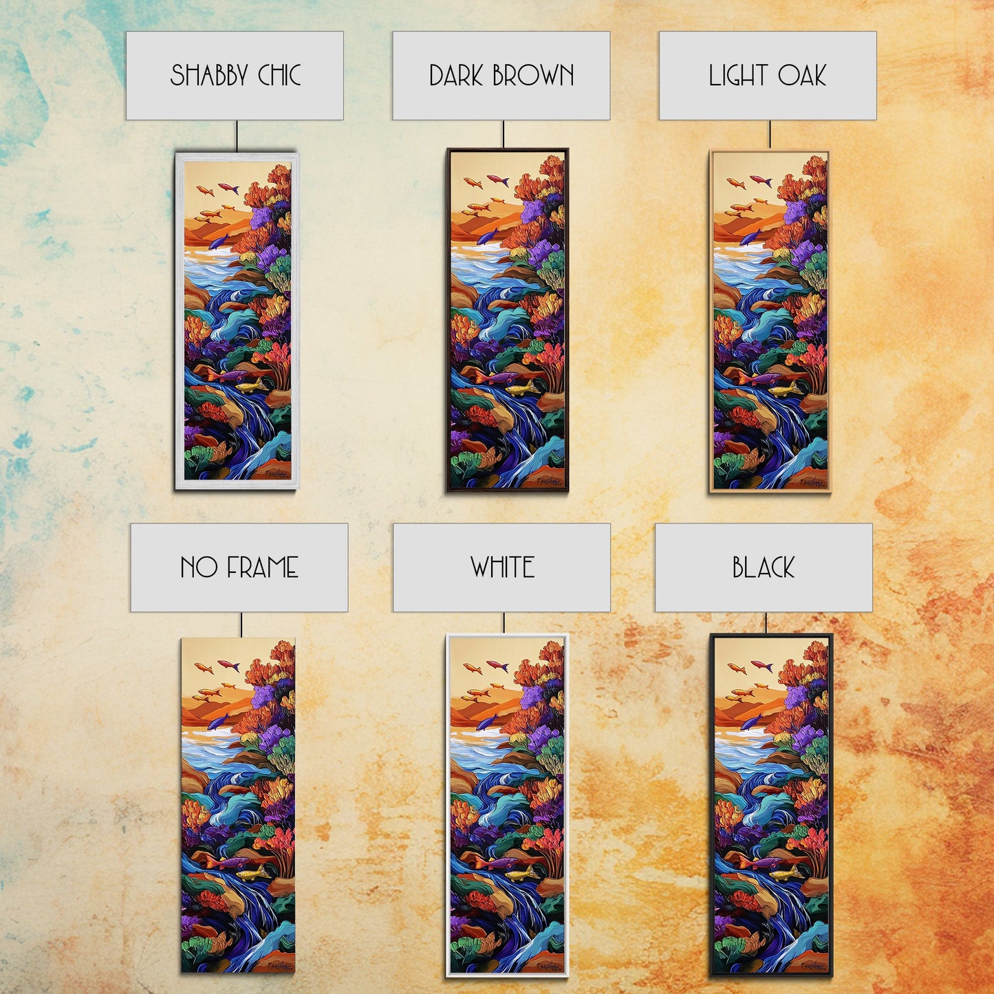 Fish Stream, Fantasy Whimsical — Framed Canvas Print, colorful river painting, kids room aquatic wall art, fantasy nature scene, boho decor