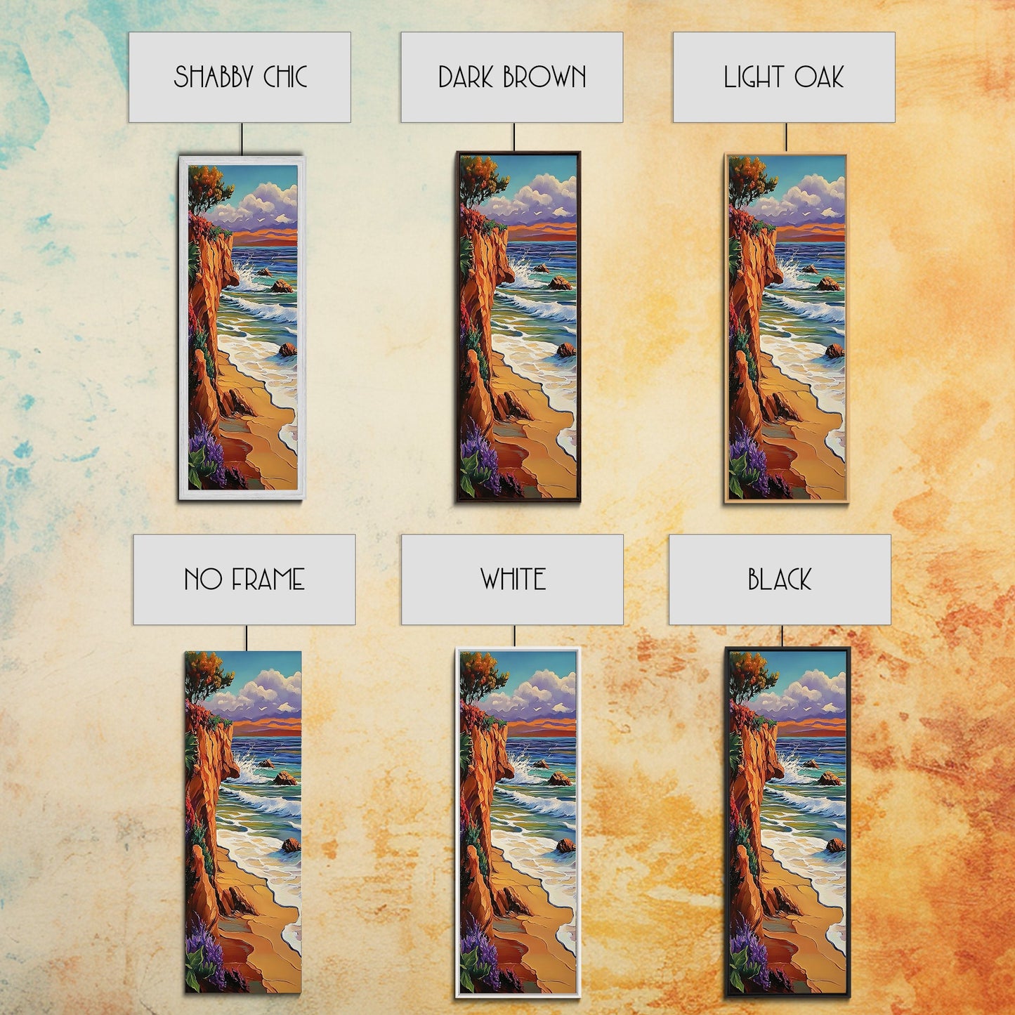 Ocean Cliff, Waves, Bold - Framed Canvas Print, coastal wall décor, colorful beach house art, fall inspired seascape, bedroom wall piece