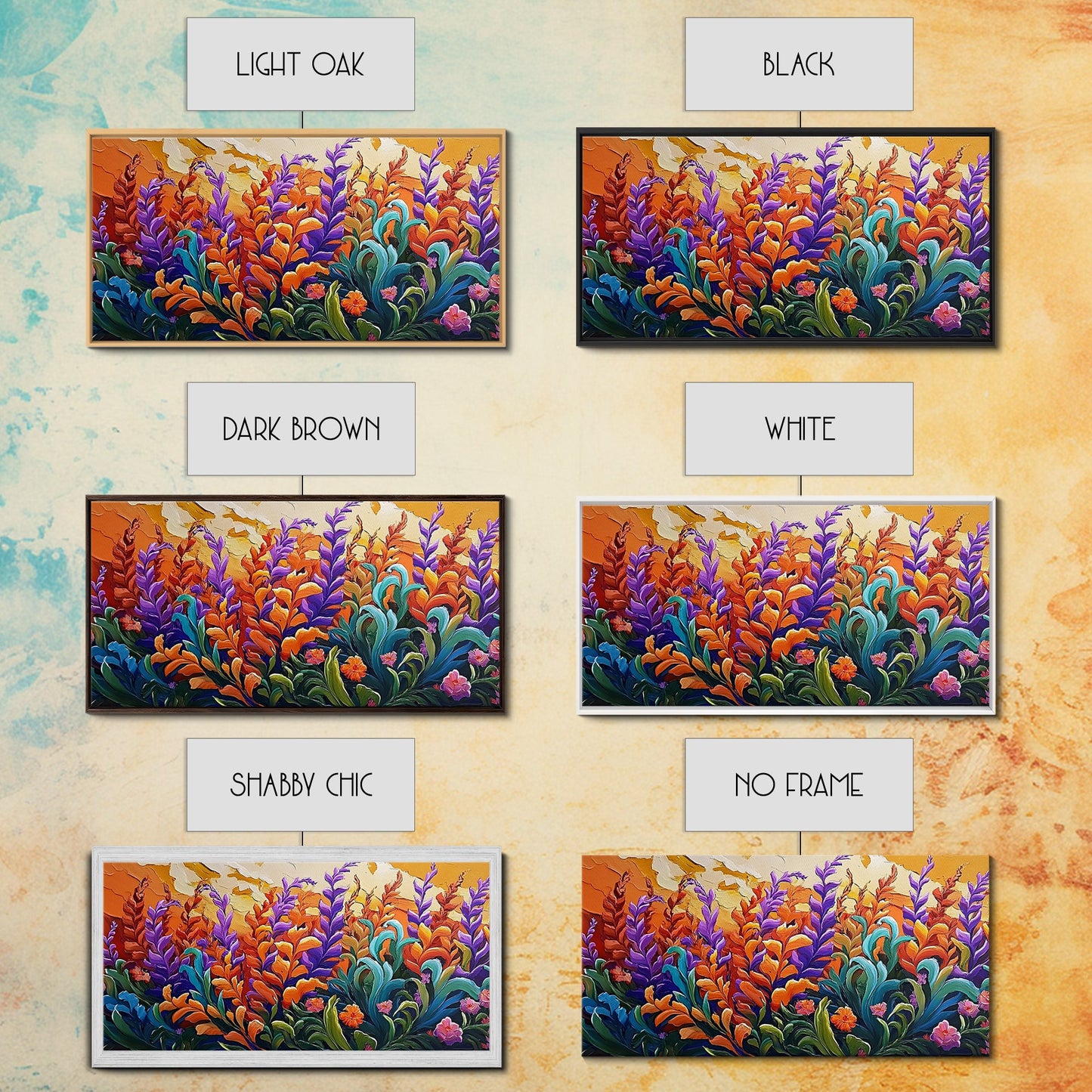 Flowers Sunset, Vibrant, Nature, Framed Canvas Print, Fall Wildflower Art, Boho Floral Wall Decor, Kitchen or Entryway Accent