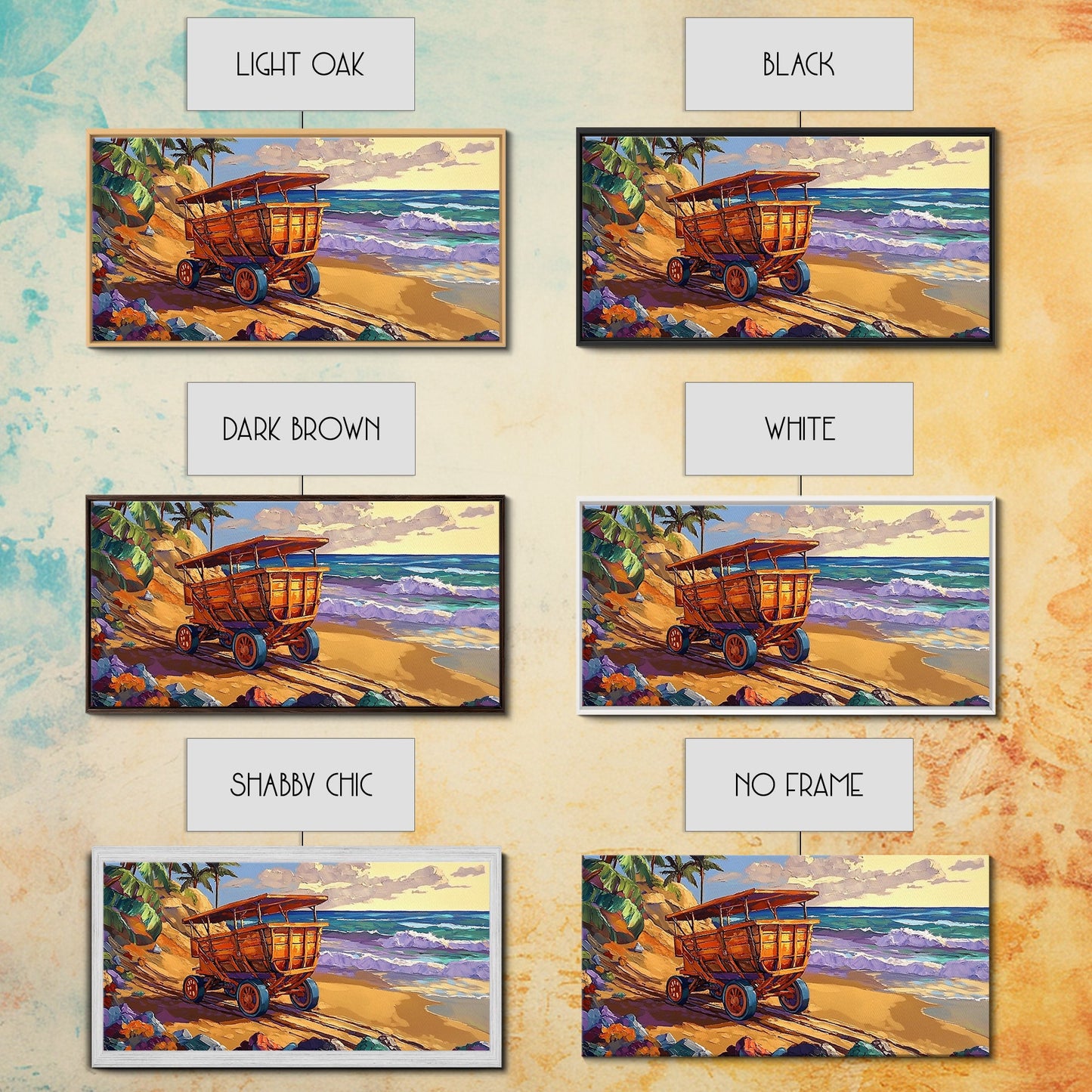 Küstenwagen, tropischer Strand, Meeresküste, gerahmter Leinwanddruck, rustikale Wandkunst, Wohnzimmerdeko im Küstenstil, Gemälde mit Sommerflair