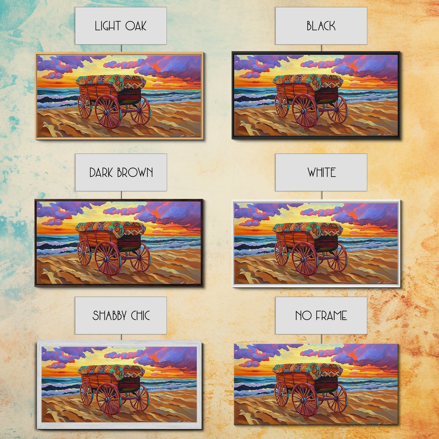 Beach Wagon, Sunset, Decor, Framed Canvas Print western wall art, desert decor, living room boho art, rustic coastal art, beach house