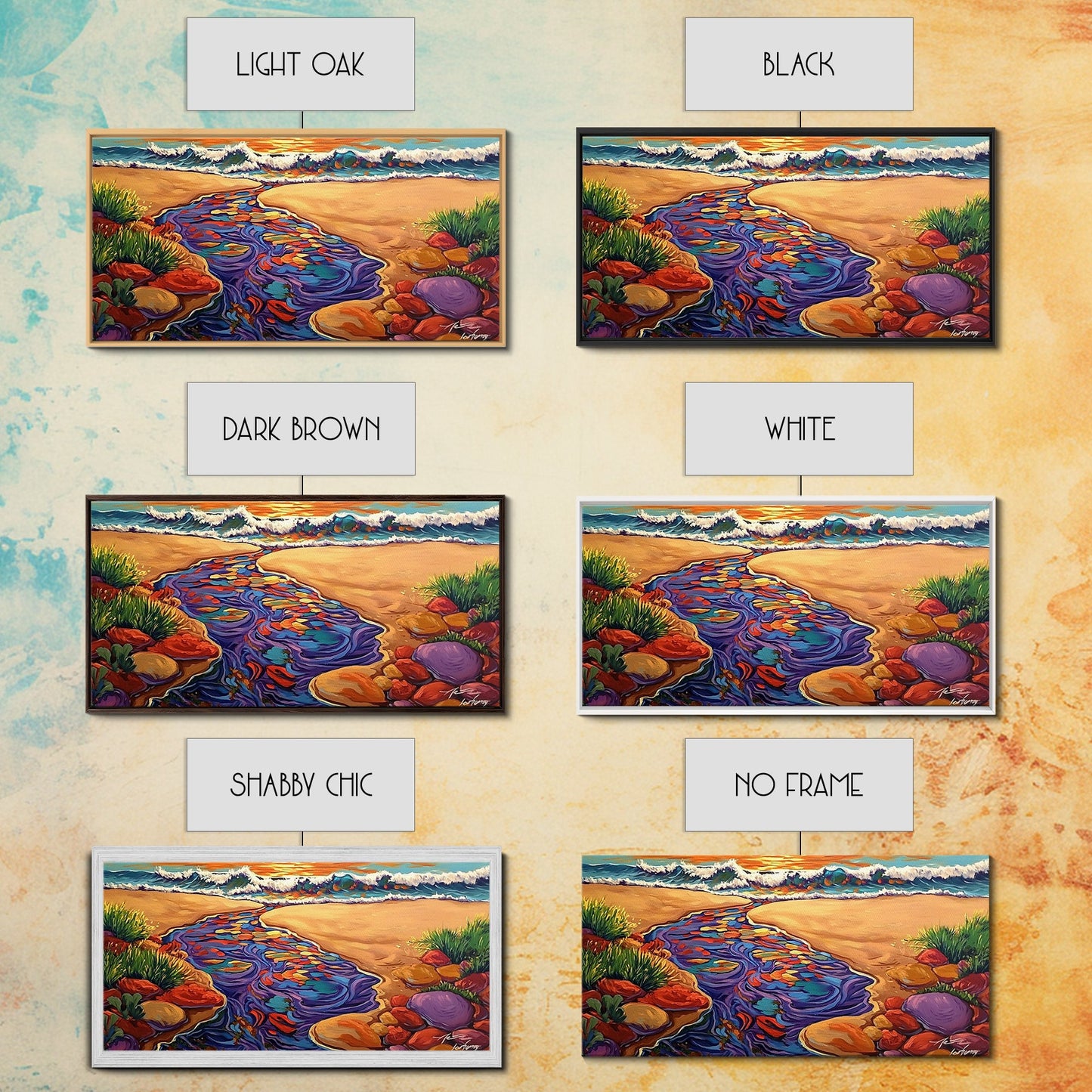 Ocean Stream, Sunset, Framed Canvas Print, Vibrant Beach Painting, Surf Wall Art, Coastal Decor, Sunset Seascape, Colorful Nature Art