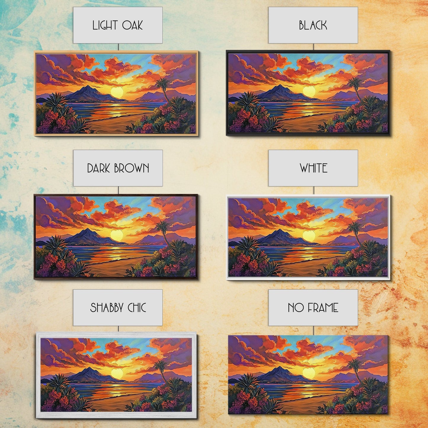 Mountains Tropical, Sunset, Palm Trees, Framed Canvas Print, Bold Landscape Art, Living Room Wall Decor, Sunset View, Boho Decor