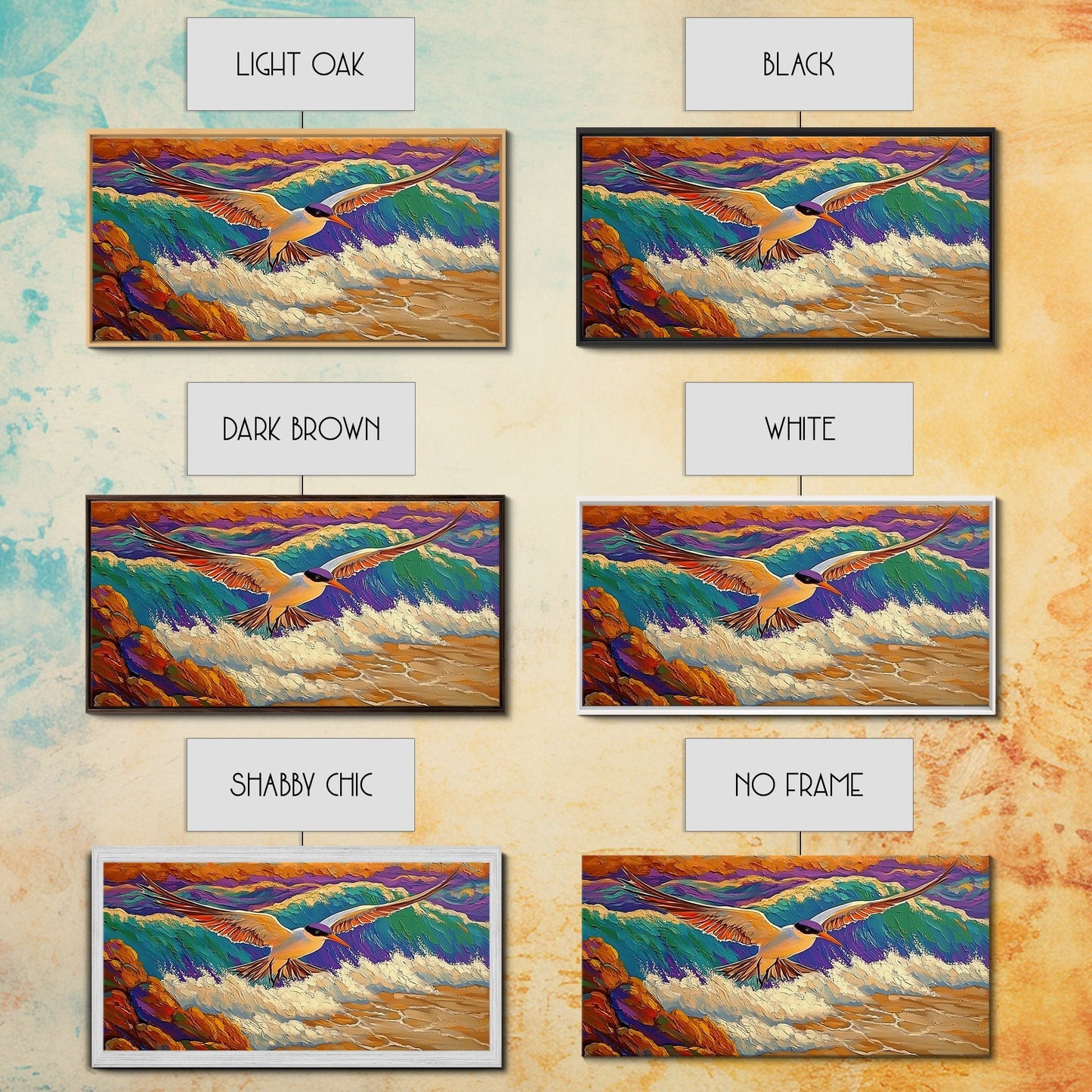 Seagull, Beach, Ocean Waves, Vibrant Sky, Framed Canvas Print, Coastal Wildlife Art, Living Room Wall Decor, Bird Painting, Boho Nature