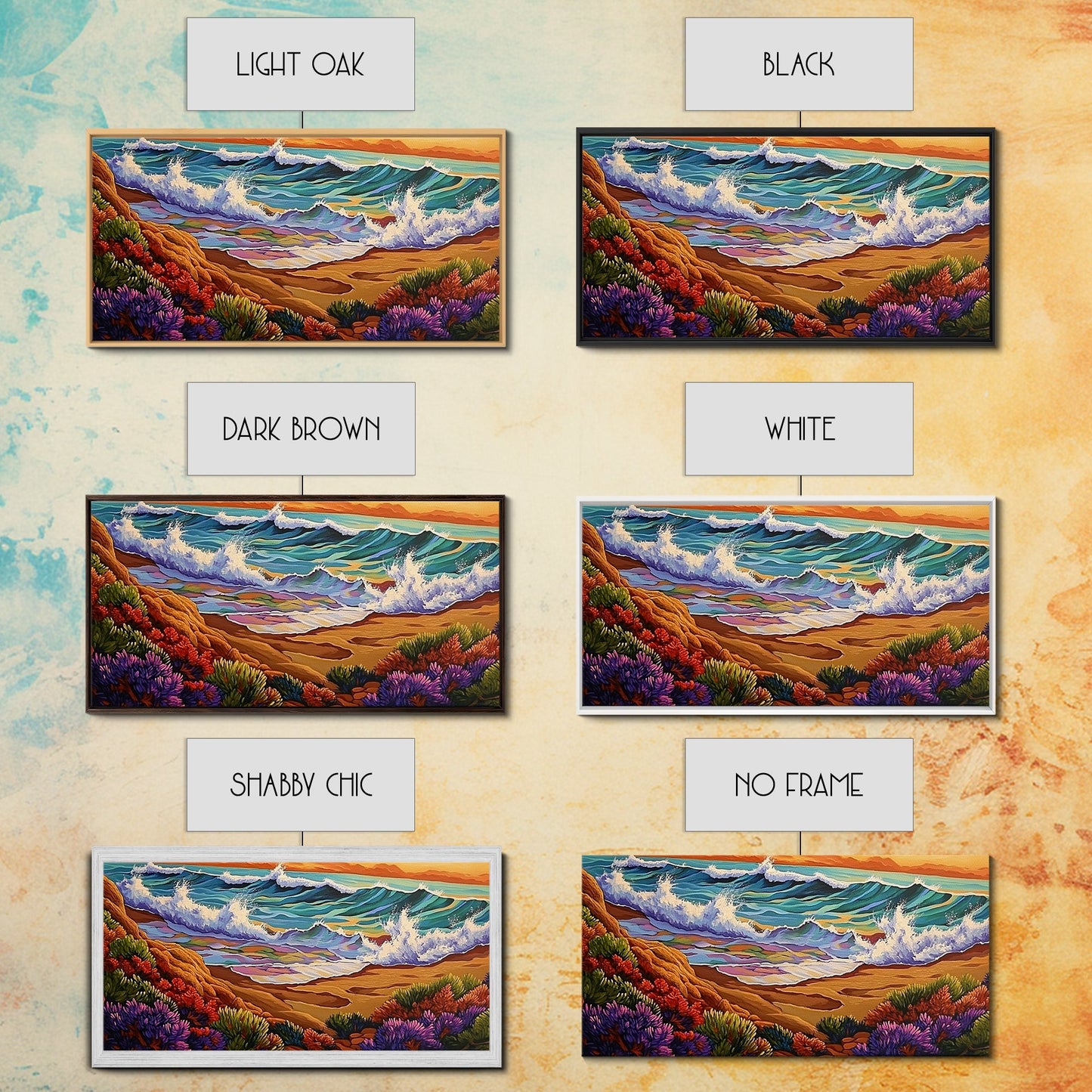 Wave Shoreline, Sunset Painting, Framed Canvas Print, vibrant crashing ocean waves, colorful rocks, Coastal Wall Art, tropical art