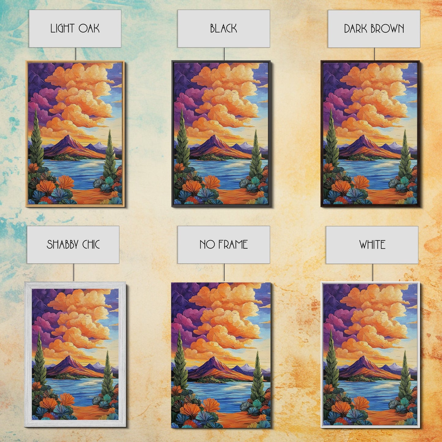Mountain Lake, Cloudscape, Reflection, Framed Canvas Print, Bold sunset wall art, vibrant color landscape, Cabin or Living Room Wall Art