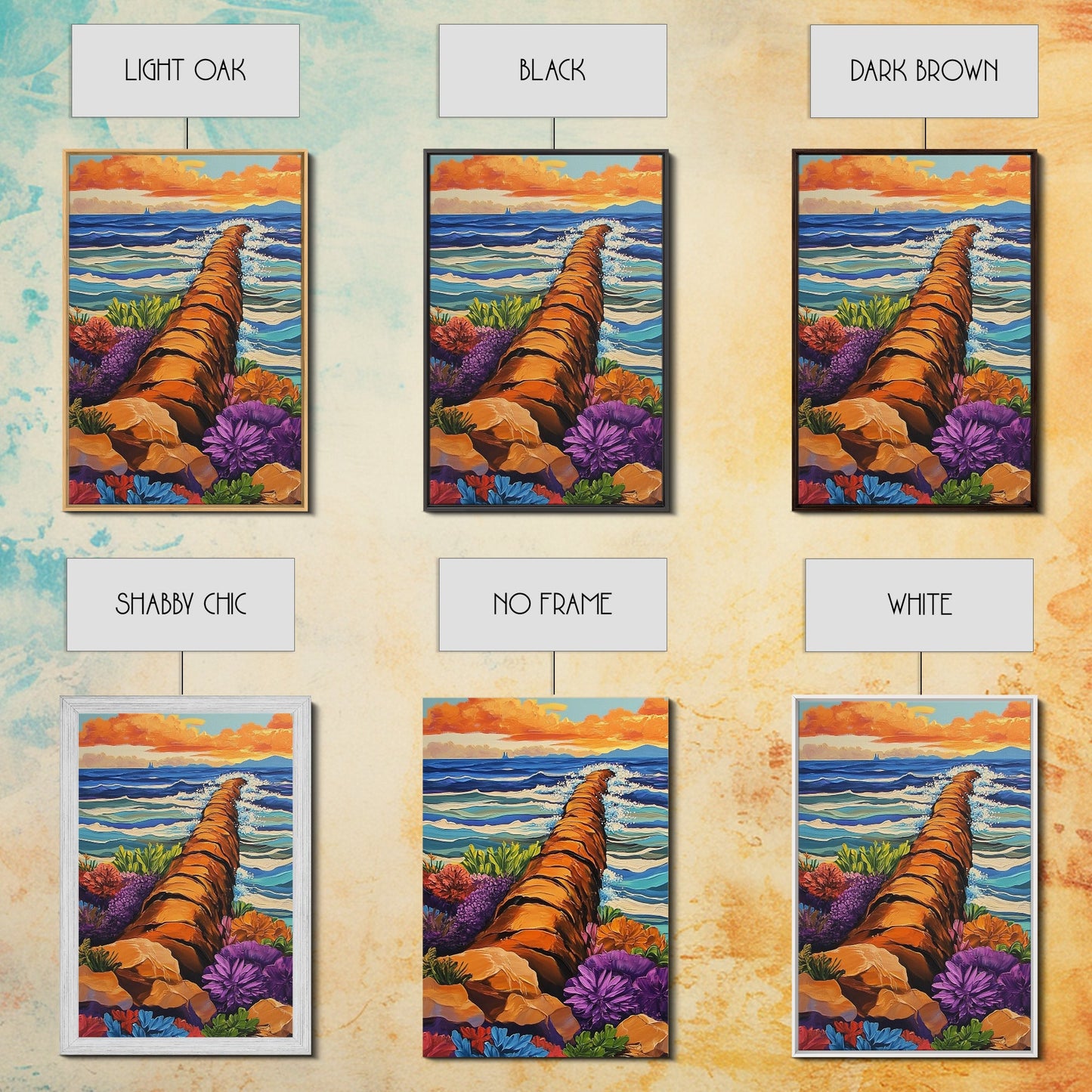 Ocean Path, Wildflowers, Shoreline, Framed Canvas Print coastal path wall art, ocean wildflower painting, beach garden style, hallway decor