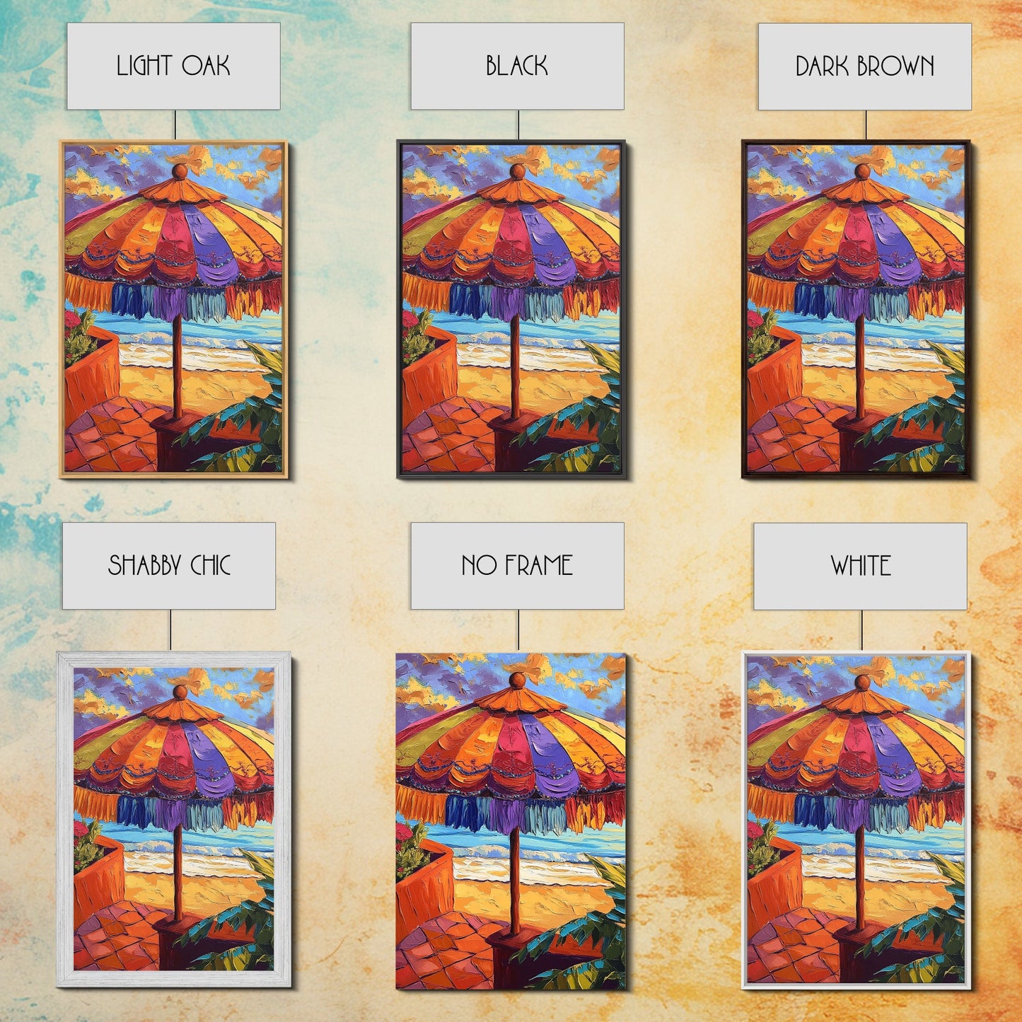 Beach Umbrella, Sunset, Framed Canvas Print, Tropical boho art, patio decor, summer beach vibe, colorful wall art, sunroom accent piece