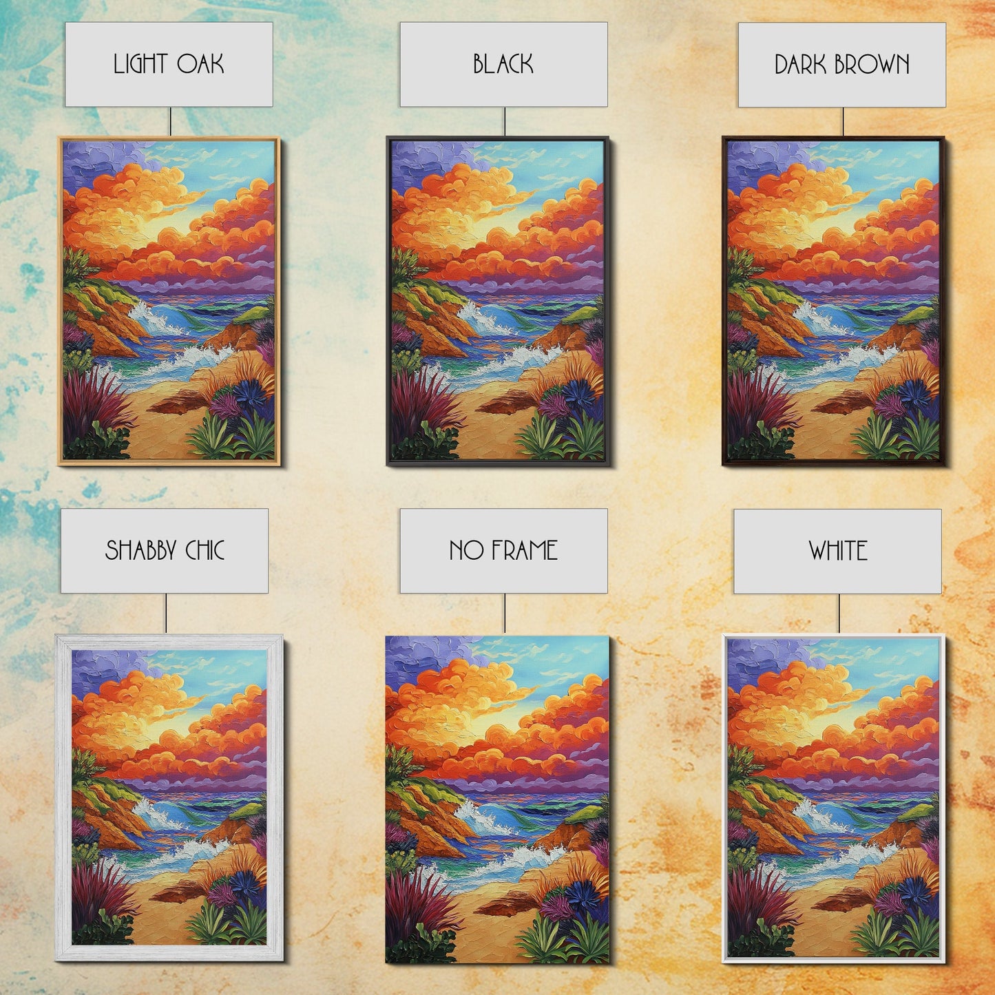 Seaside Sunset, Cliff, Dramatic Clouds Framed Canvas Print, Vibrant Ocean Wall Decor, Bathroom Beach Art, Coastal Expressionism