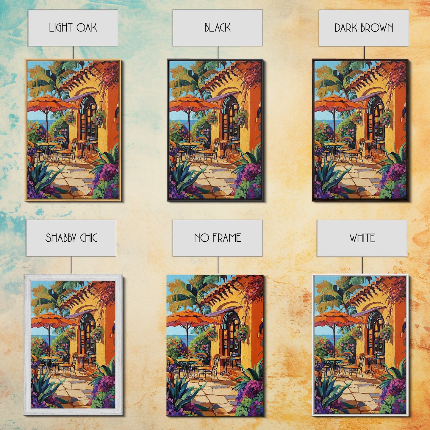 Bistro Patio, Sun, Canvas Print, Mediterranean cafe painting, kitchen wall art, outdoor charm artwork, sunny terrace decor, cozy nook print