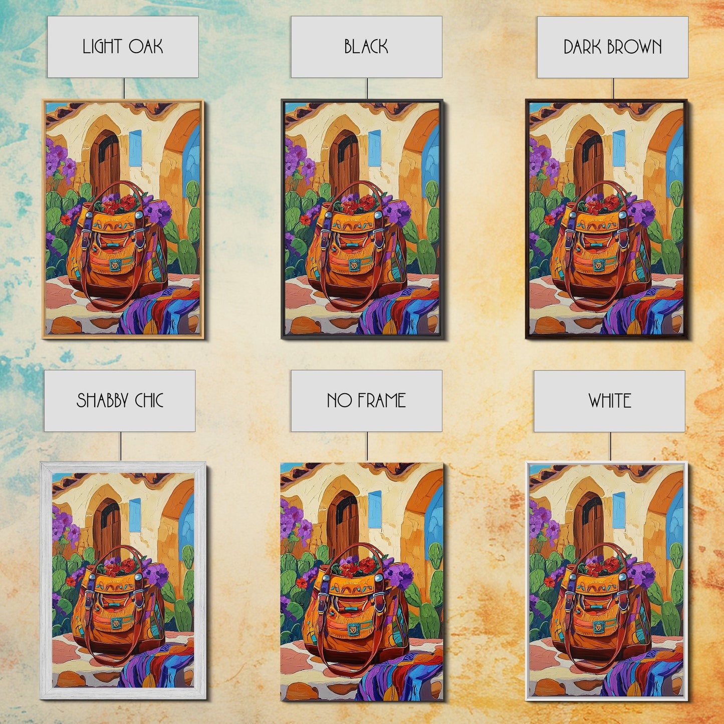 Saddle Bag, Desert Flowers, Southwest Style, Rustic Charm, Mexican Market Vibe, Entryway Wall Art, Framed Canvas Print, Colorful Boho Art