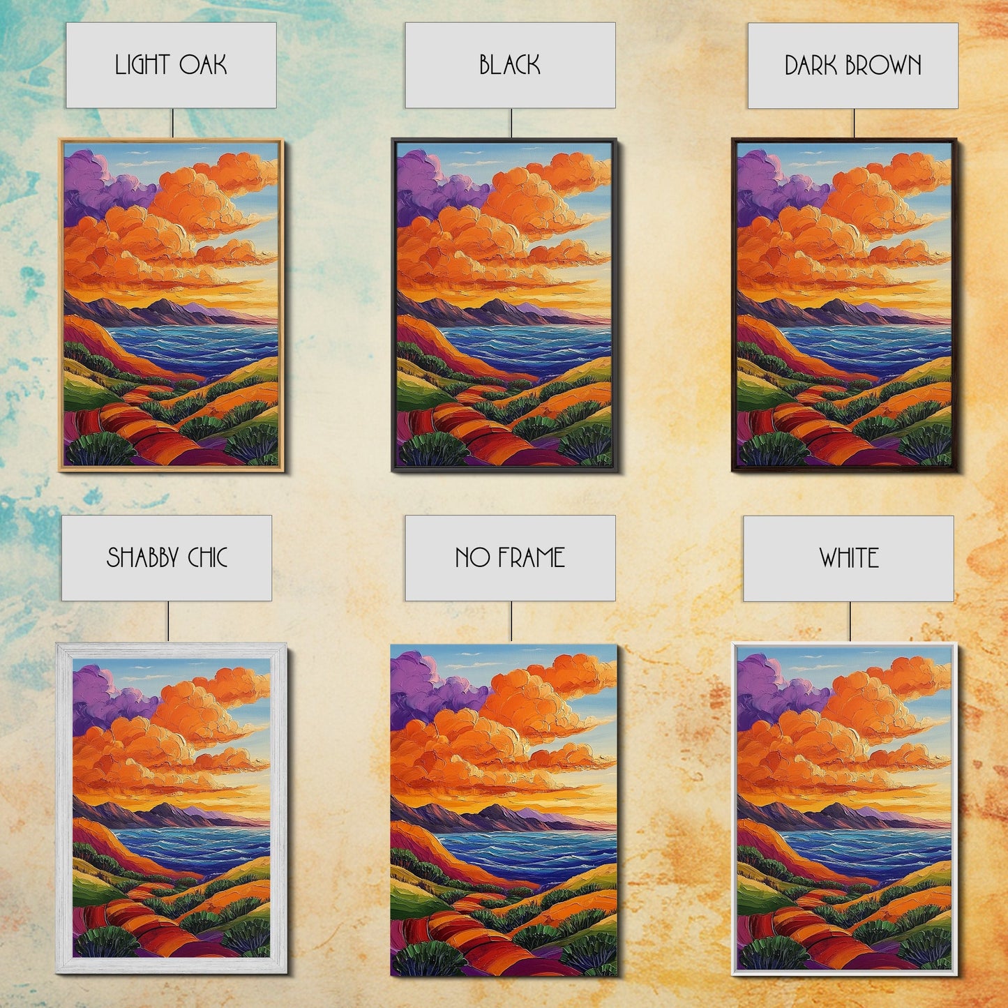 Coastal Hills, Sunset Path, Ocean View, Fiery Sky — Framed Canvas Print Autumn landscape painting, colorful kitchen wall art, boho decor