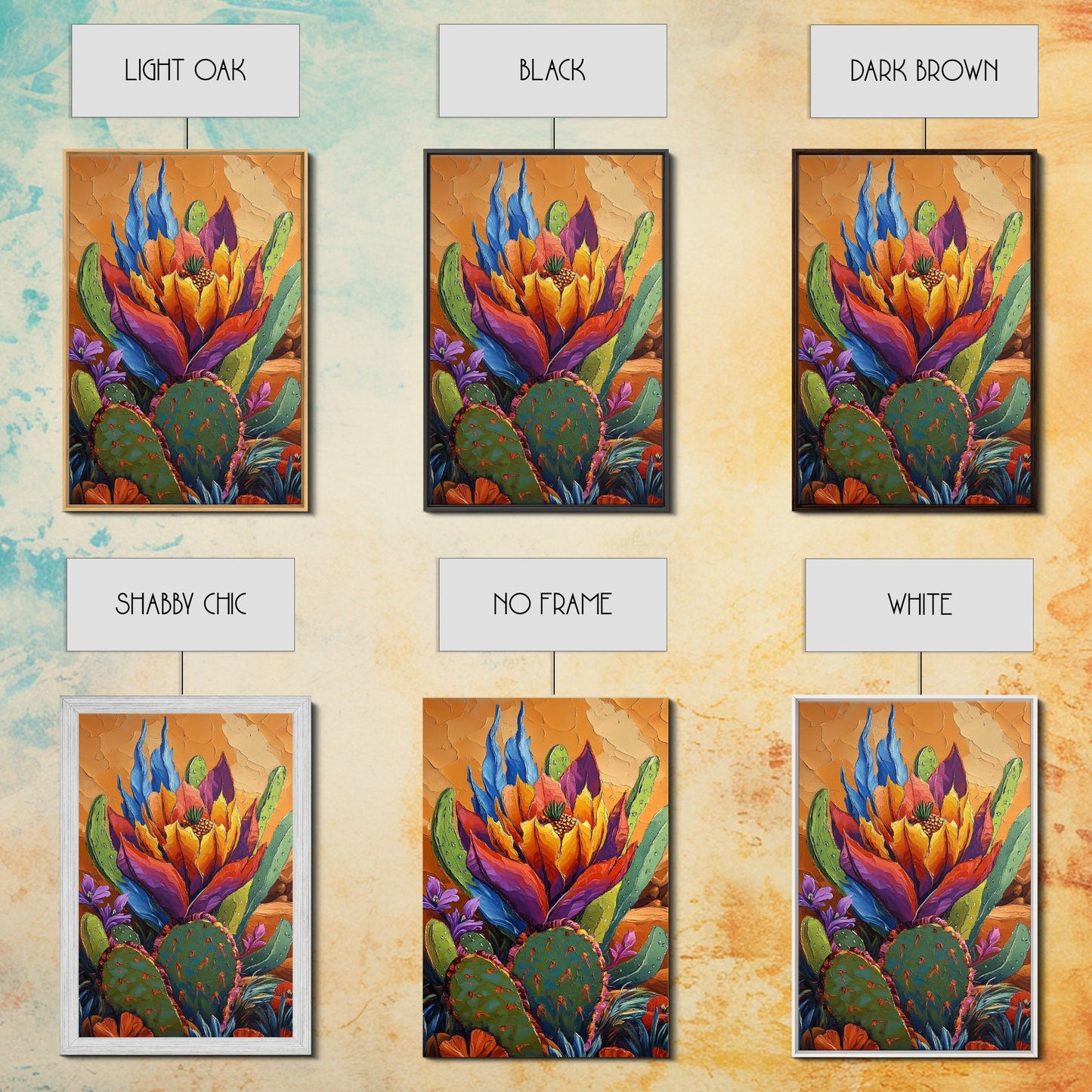 Cactus Blooming, Desert, Vivid, Framed Canvas Print bold southwest art, colorful desert cactus, southwestern home decor, kitchen wall art