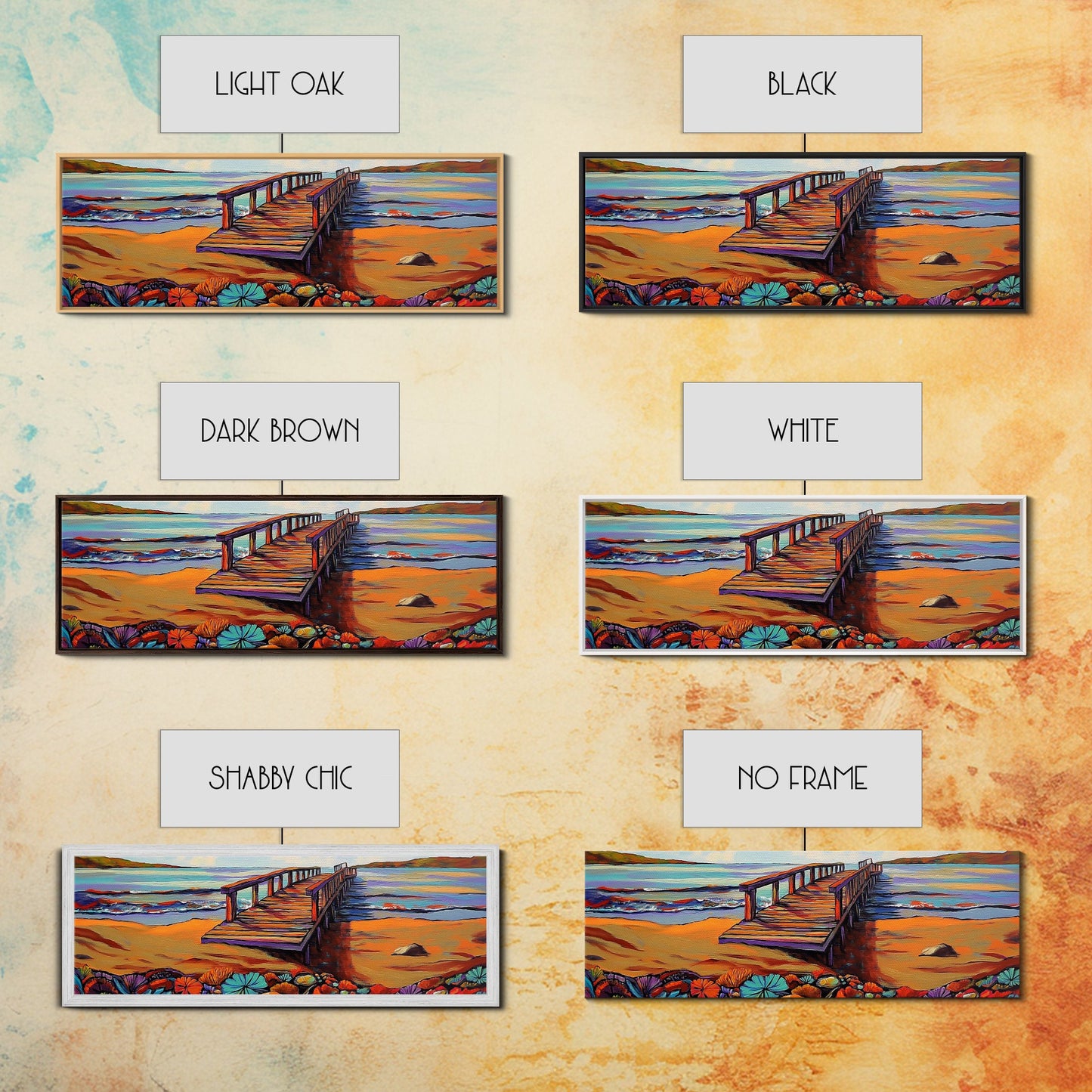 Seaside Pier, Vibrant Coast, Beach View, Framed Canvas Print, coastal artwork, beach house decor, summer vibes, living room art