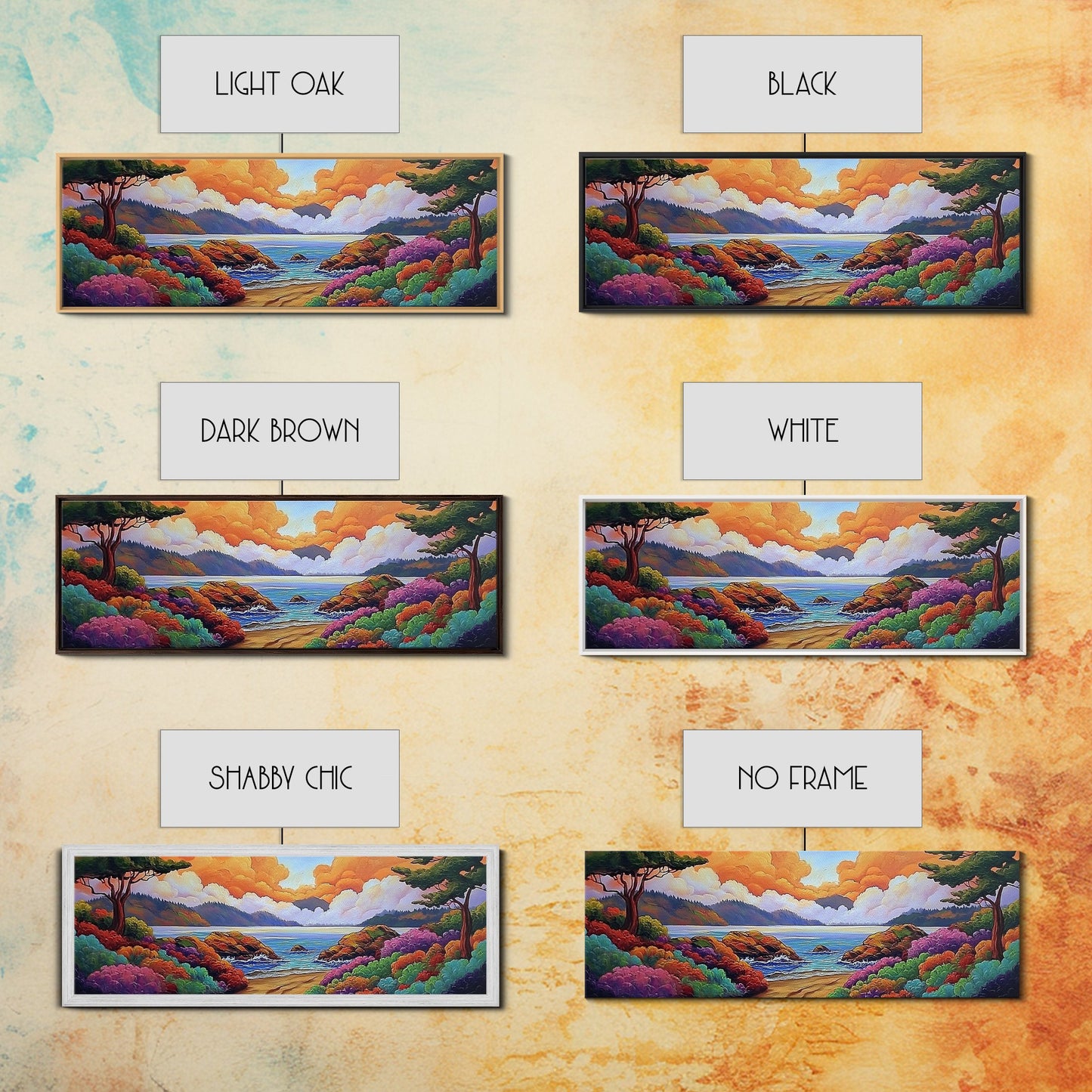 Vibrant Coastal View, Ocean Sunset Landscape, Floral Beach Scene, Framed Canvas Print, Colorful Wall Art, Tropical Living Room