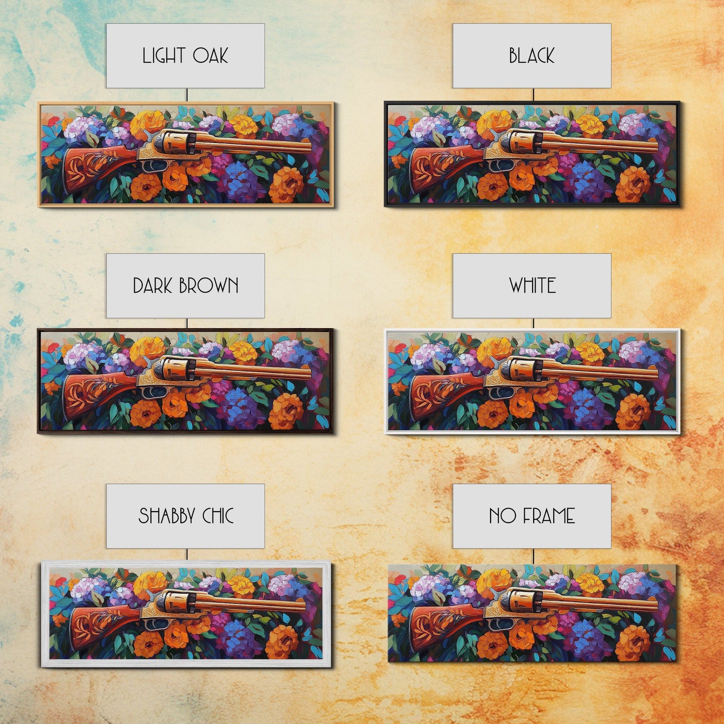 Golden Revolver Art, Floral Gun Painting, Western Floral Wall, Cowboy Chic Style, Framed Canvas Print, Man Cave Southwestern Decor