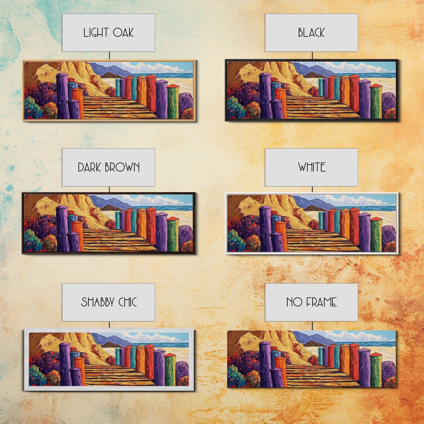 Colorful Cabins, Beach Path, Coastal Walkway, Vibrant Landscape, Canvas Print, Entryway Wall Art, Beach House Art, Bold Palette Decor