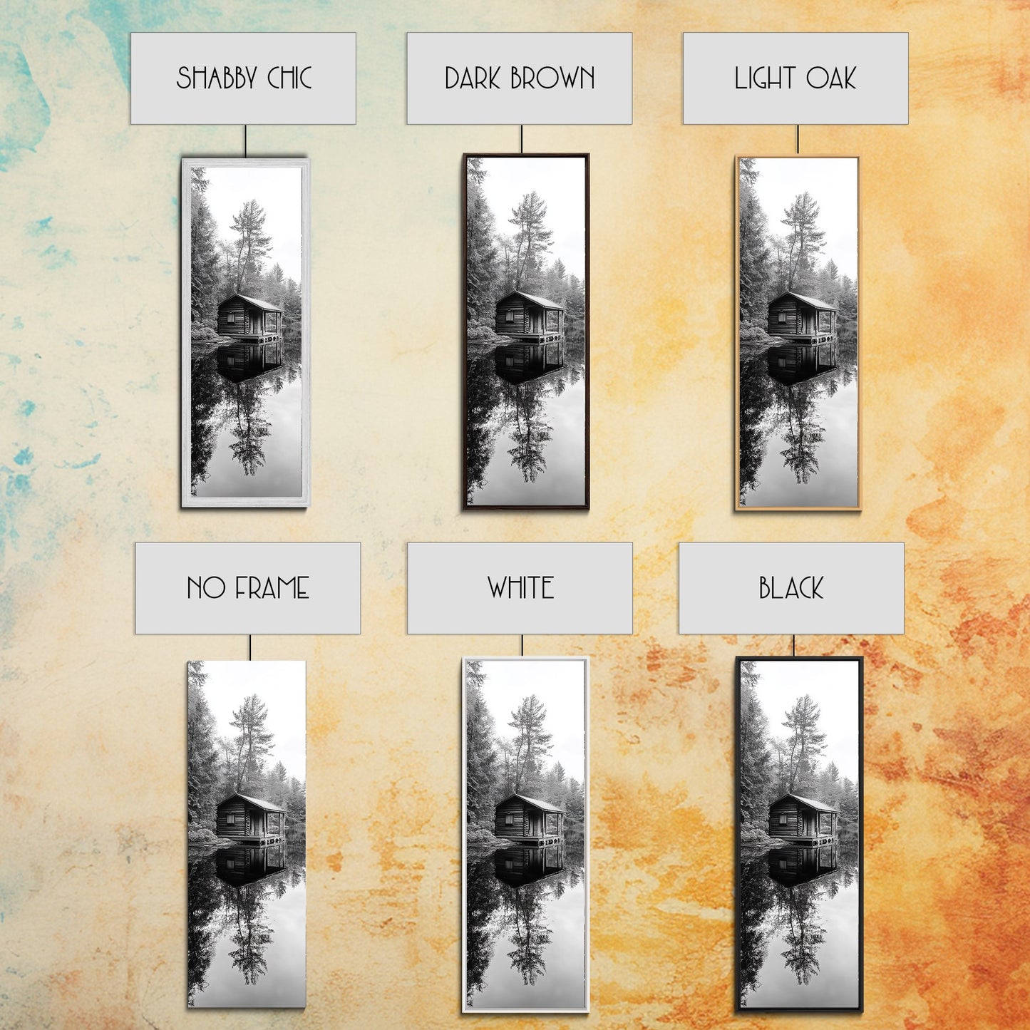 Spiegelung in der Hütte, stilles Wasser, Waldidylle, Naturerlebnis-Kunst, gerahmter Leinwanddruck, Dekoration fürs Seehaus, Herbstliche Hüttenszene, Gemütliche rustikale Wandkunst