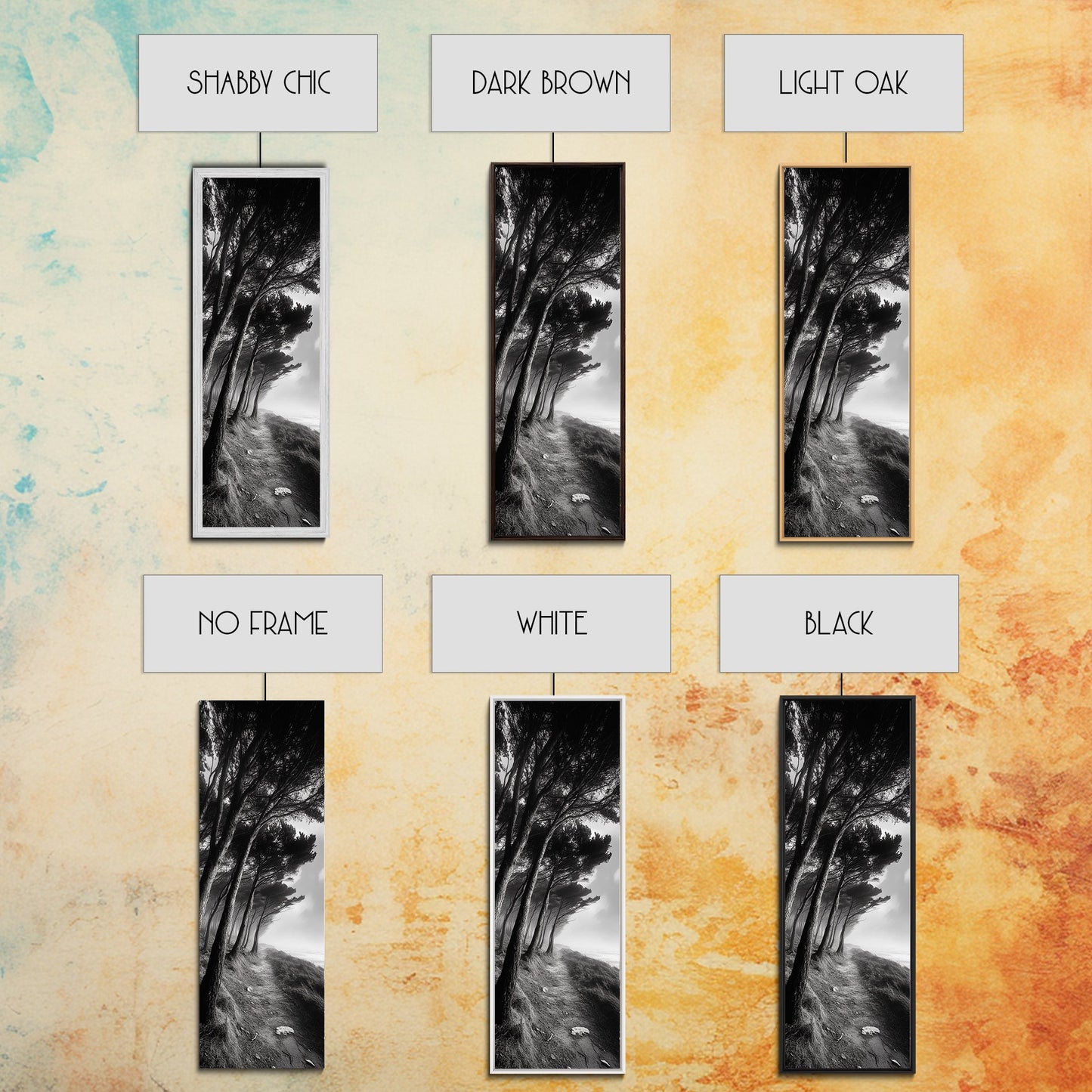 Windiger Waldweg, dunkle Küstenbäume, stimmungsvolle Natur, gerahmter Leinwanddruck, herbstliche Wanddekoration fürs Wohnzimmer, stimmungsvolle Landschaftsästhetik