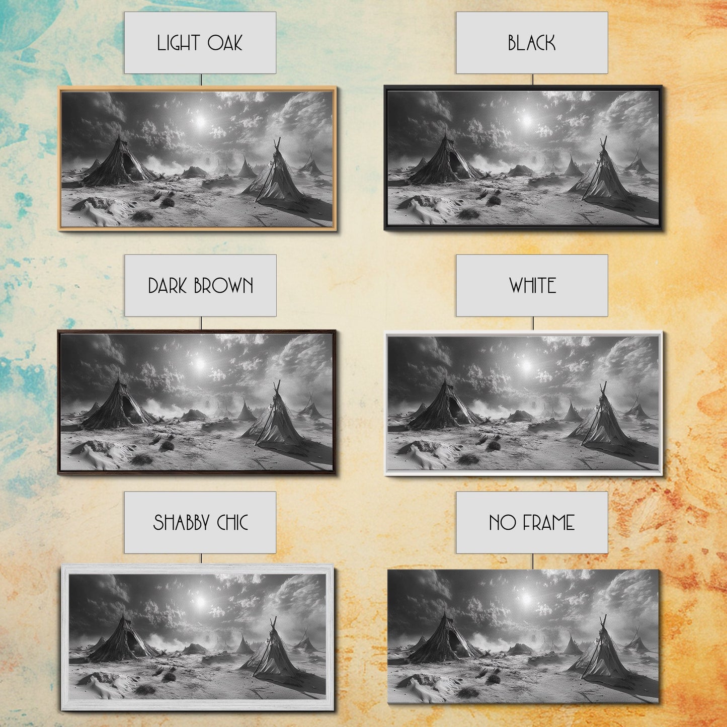 Wüstenzeltszene, surreale Stammeslandschaft, Zelte unter stürmischem Himmel, Leinwanddruck, Wandbild fürs Wohnzimmer, Boho-Nomaden-Ästhetik, Wandbild fürs Wohnzimmer
