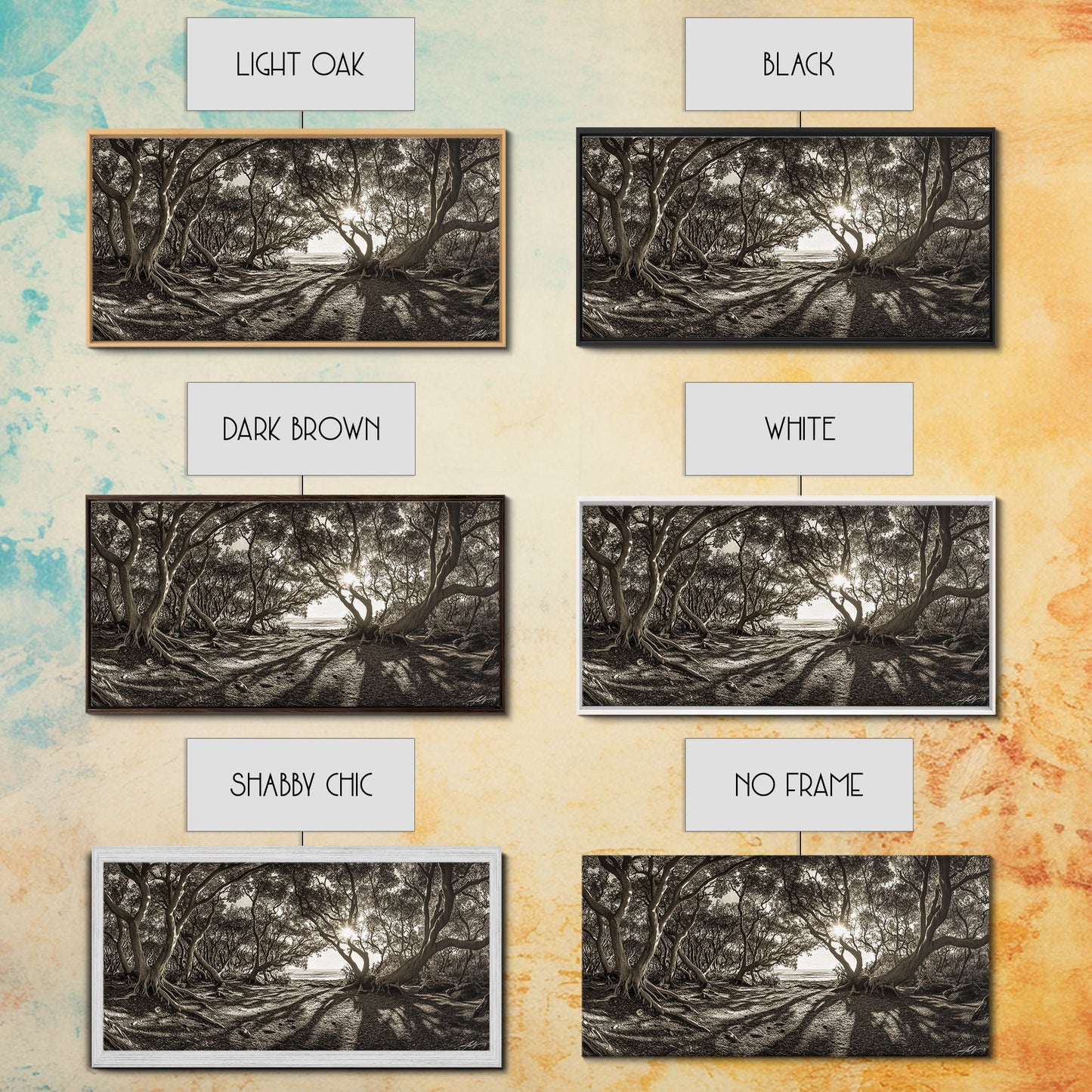 Verzauberter Wald – Licht, Baumschatten, Naturlandschaft, gerahmter Leinwanddruck, rustikale Wandkunst, Walddeko für den Eingangsbereich, Boho-Walddruck