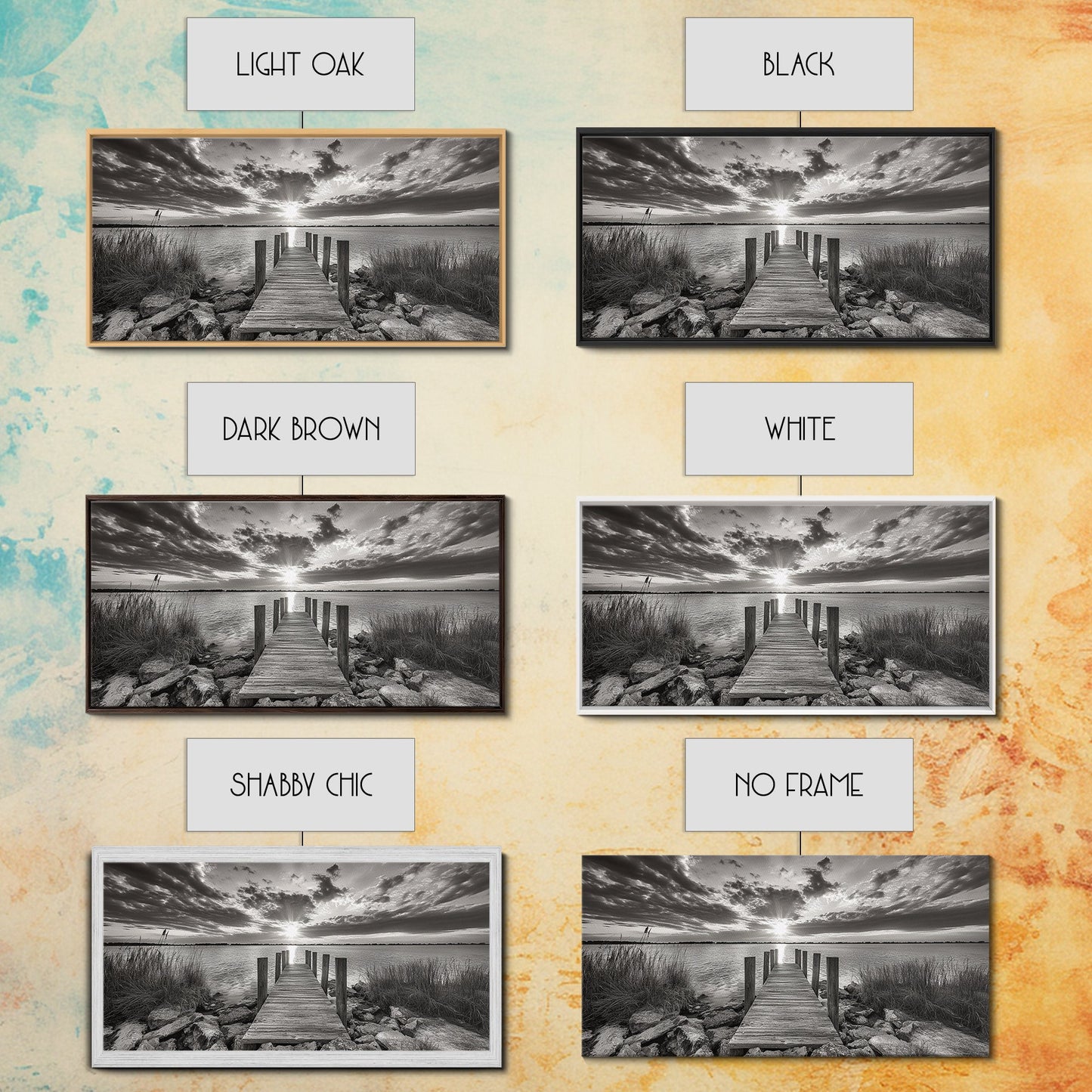 Rustic Dock Sunset, Lakehouse Art, Black White Landscape, Framed Canvas Print, Country Home Decor, Cabin Wall Art, Lakeside Tranquility