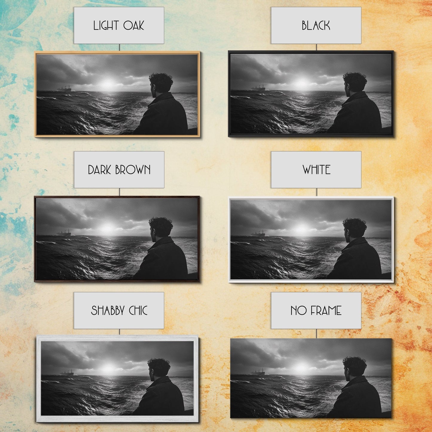 Mann beobachtet Meer, stürmischer Ozeanblick, emotionale Szene, Leinwanddruck, stimmungsvolle Küstendekoration, Wandbild fürs Büro, maritimer Monochrom-Stil