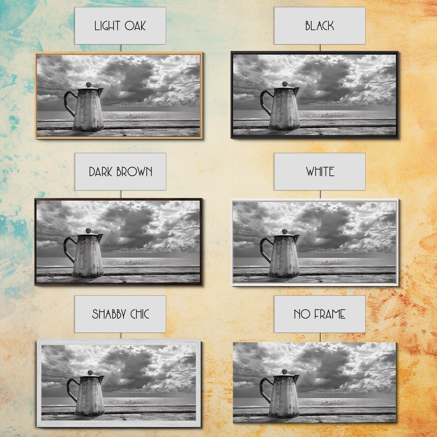 Kaffeekanne am Meer, Stillleben mit Meerblick, Rustikaler Morgen, Gerahmter Leinwanddruck, Maritime Wandkunst, Strandküchendekoration, Stimmungsvolle Naturkunst