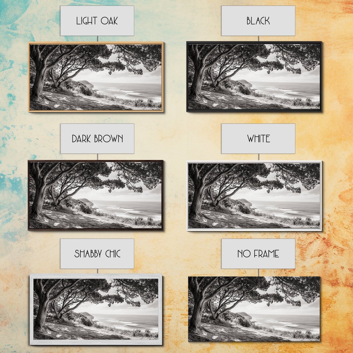 Ocean View, Coastal Trees, Cliffside Vista, Light and Shadows, Framed Canvas Print, landscape wall art, modern beach decor, boho living room