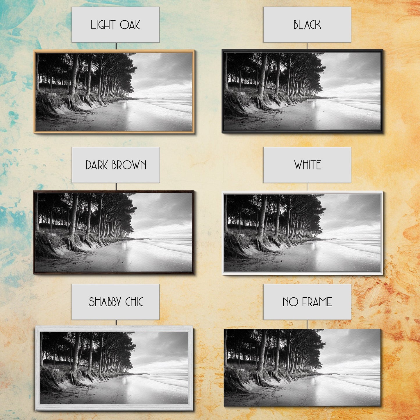 Kiefern, Sandstrand, Küstenidylle, Treibholzstrand, gerahmter Leinwanddruck, neutrale Wandkunst, rustikaler Küstenstil, Eingangsbereich-Landschaft