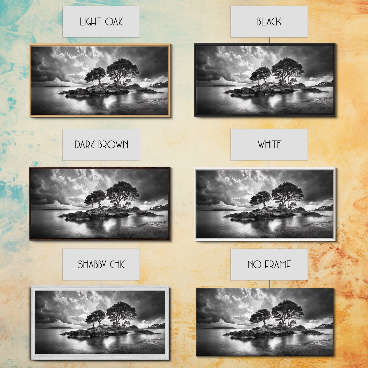 Island Pines, Rocky Shoreline, Peaceful Water, Stormy Sky, Framed Canvas Print, coastal art, rustic nature wall art, neutral living room decor