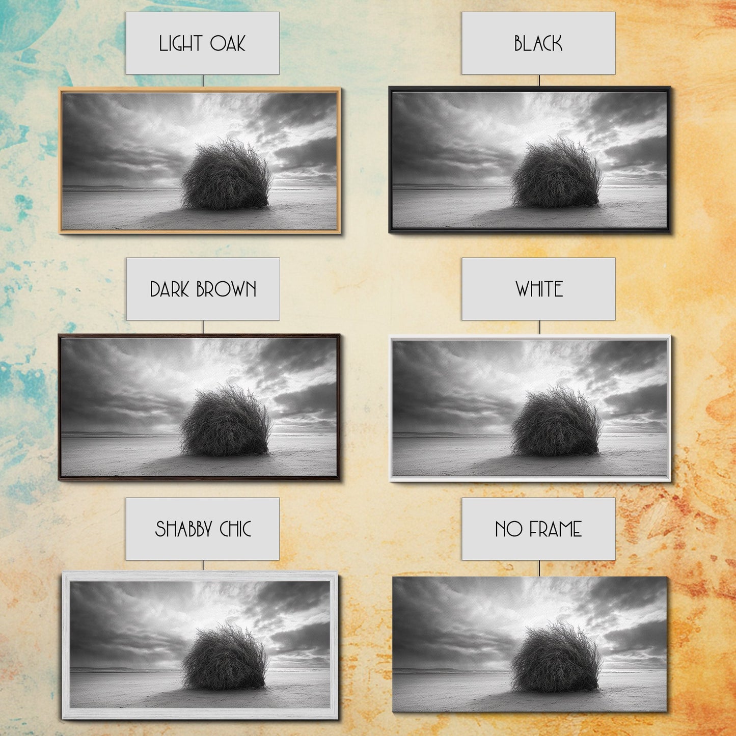 Tumbleweed, Desert Beach, Moody Sky, Solitary Calm, Framed Canvas Print, minimalist desert wall art, western Fall decor, neutral tones