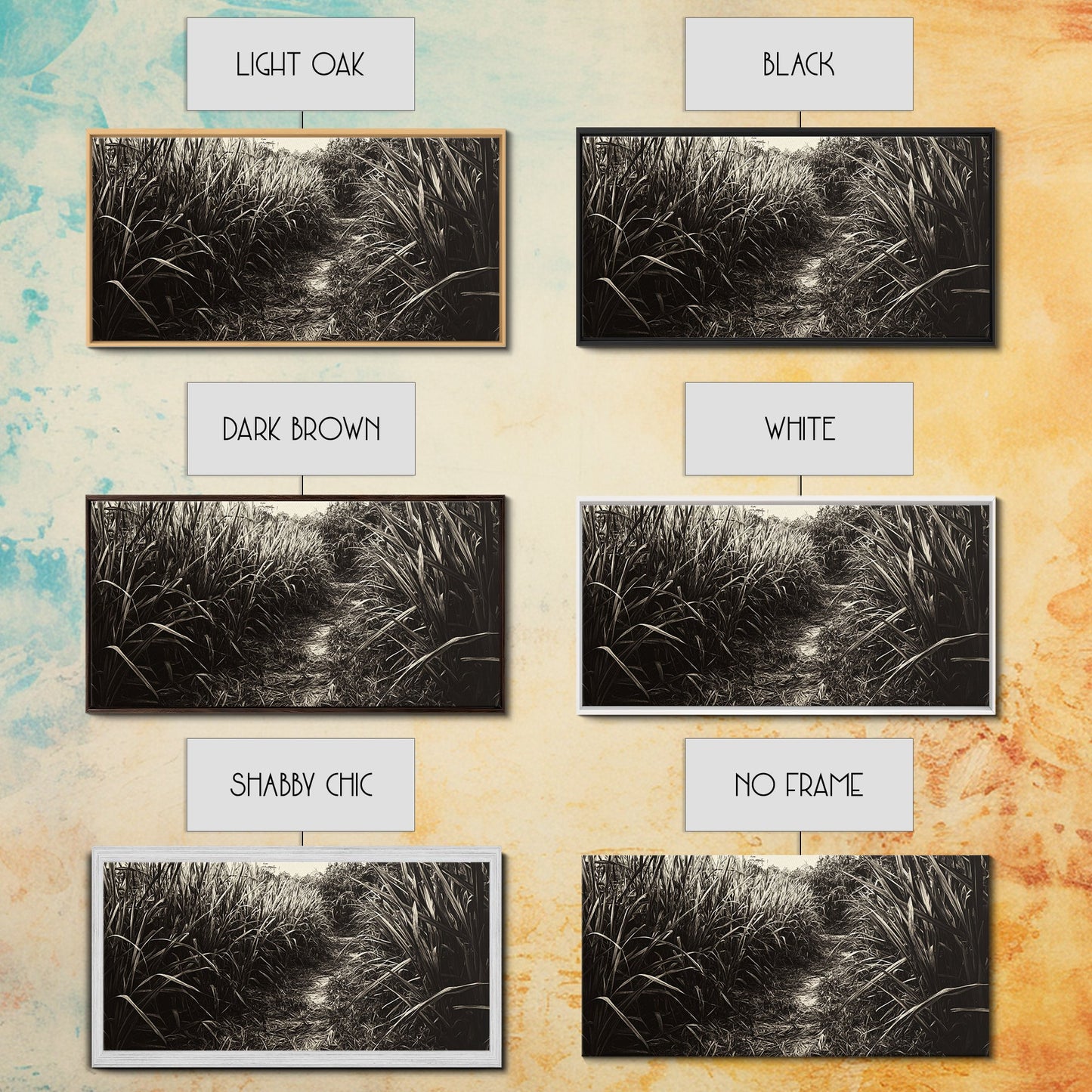 Grasbewachsener Pfad, Naturmotiv, Rustikale Landschaft, Naturnahe Wohndekoration, Herbstliche Flurkunst, Gerahmter Leinwanddruck