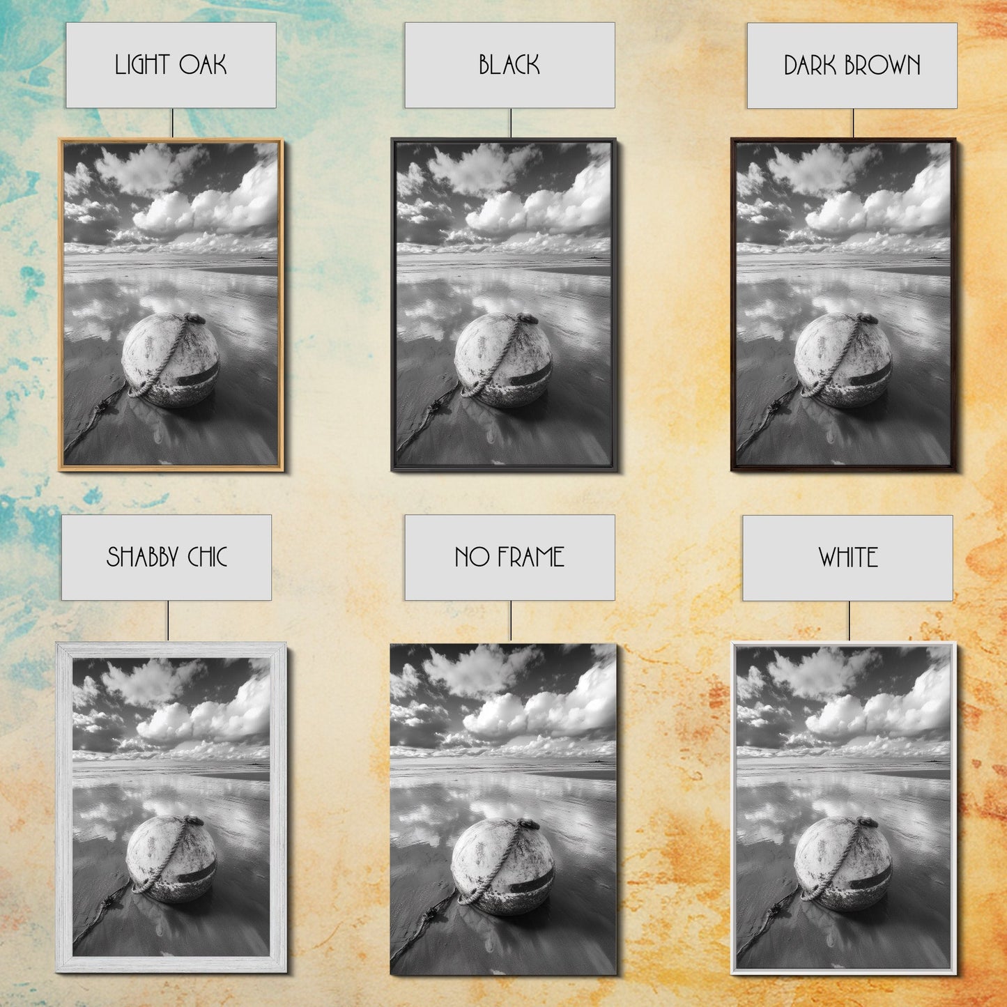 Washed buoy shore, coastal solitude, beach reflections, nautical simplicity, Framed Canvas Print, guest room art, seaside rustic wall decor