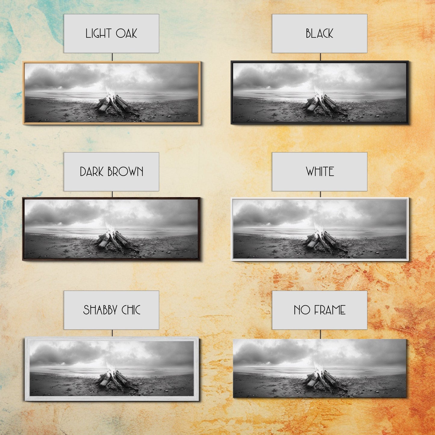 Beach Bonfire, Coastal Glow, Driftwood Fire, Ocean Calm, Framed Canvas Print, Fall Wall Art, Living Room Decor, Nature Photography Style