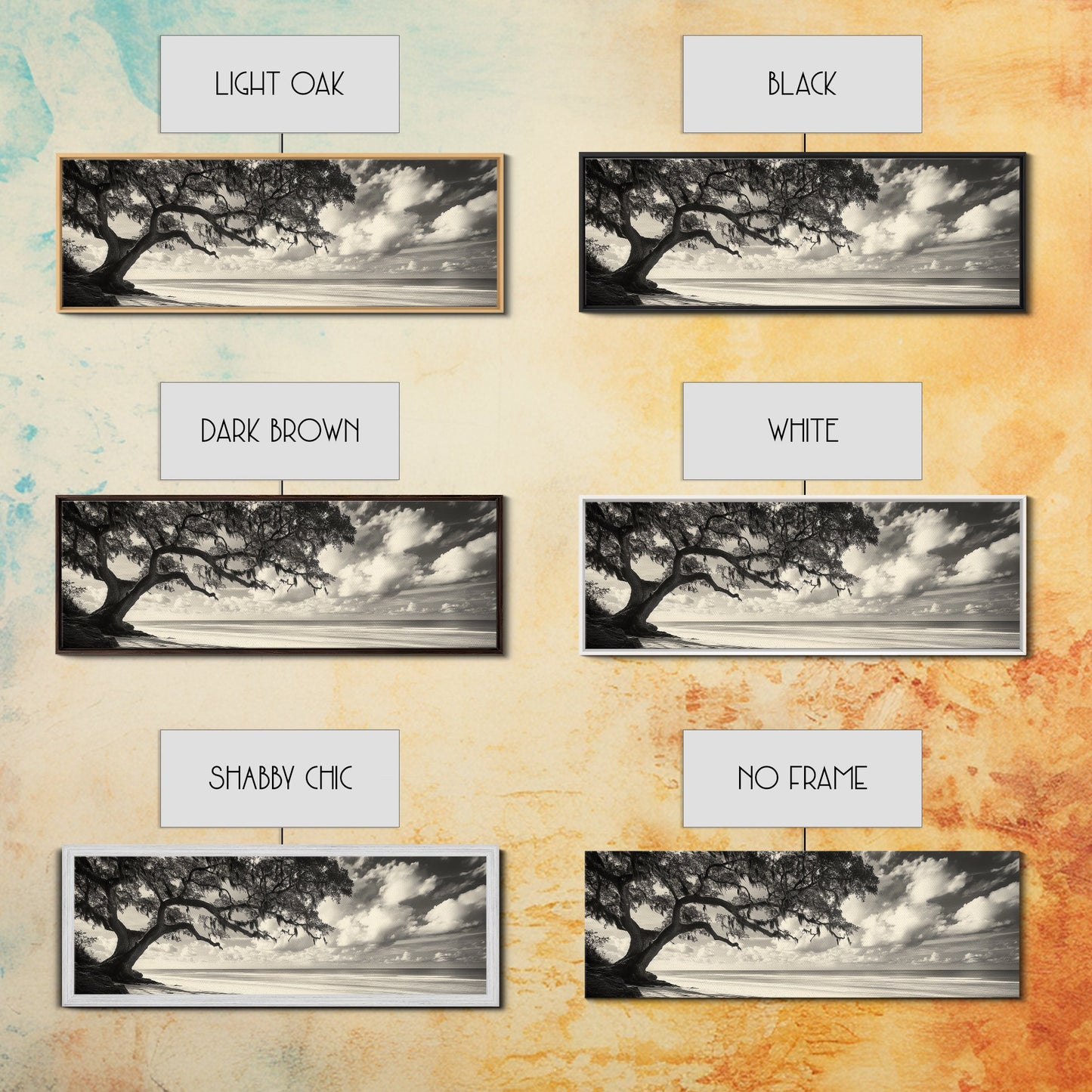 Südliche Eiche, Küstenbaum, Strandidylle, idyllische Landschaft, Leinwanddruck, neutrale Wohnzimmerkunst, Boho-Naturdekor, Strandwandkunst