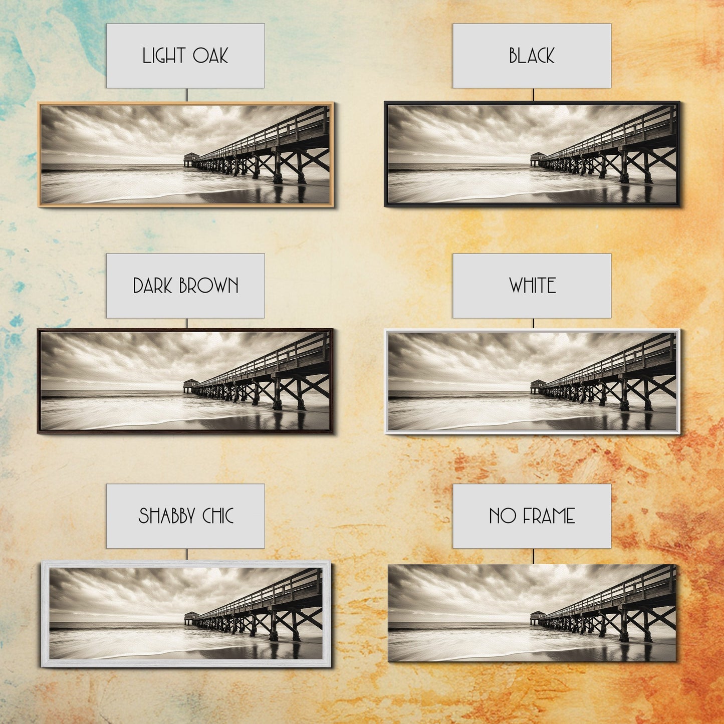 Pier at Dusk, Ocean Boardwalk, Stormy Beach Horizon, Framed Canvas Print, Moody Coastal Wall Art, Nautical Living Room Decor