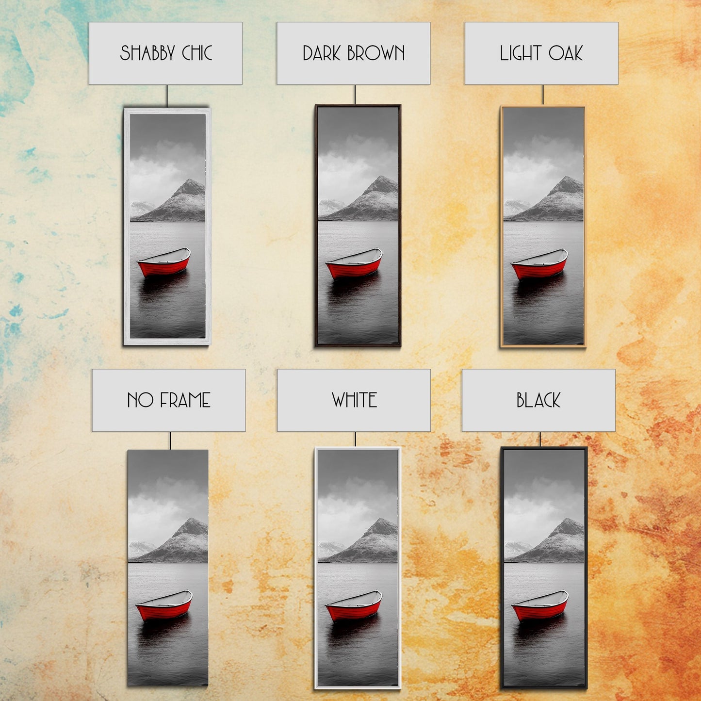 Red Boat, Serene Waters, Mountain Reflection, Winter Landscape – Framed Canvas Print, Minimalist Wall Art, Bedroom Decor, Nature Tranquility