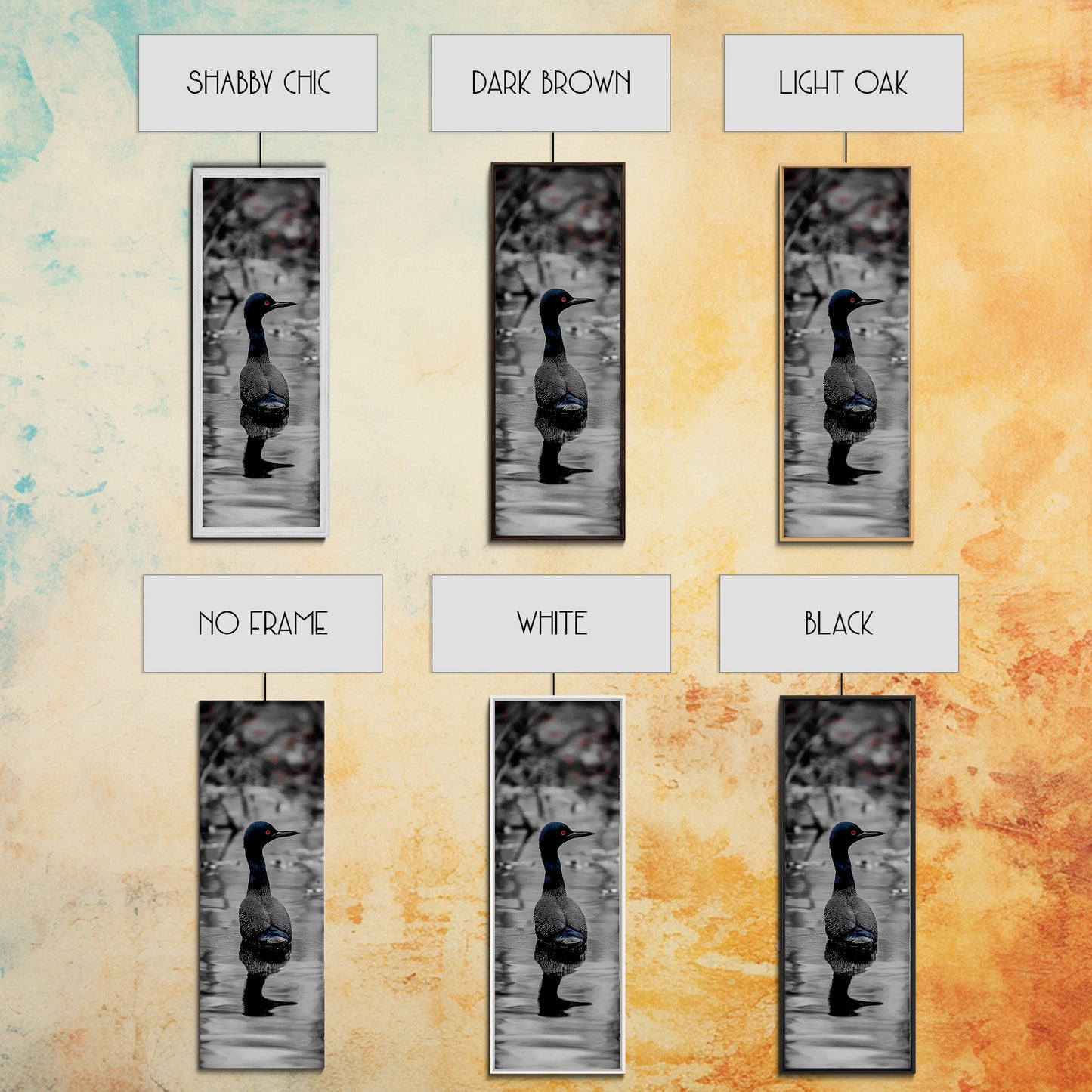 Blue Loon, Water Reflection, Elegant Bird, Lake Life Framed Canvas Print, cabin decor, nature wall art, minimalist bird art, office wall art